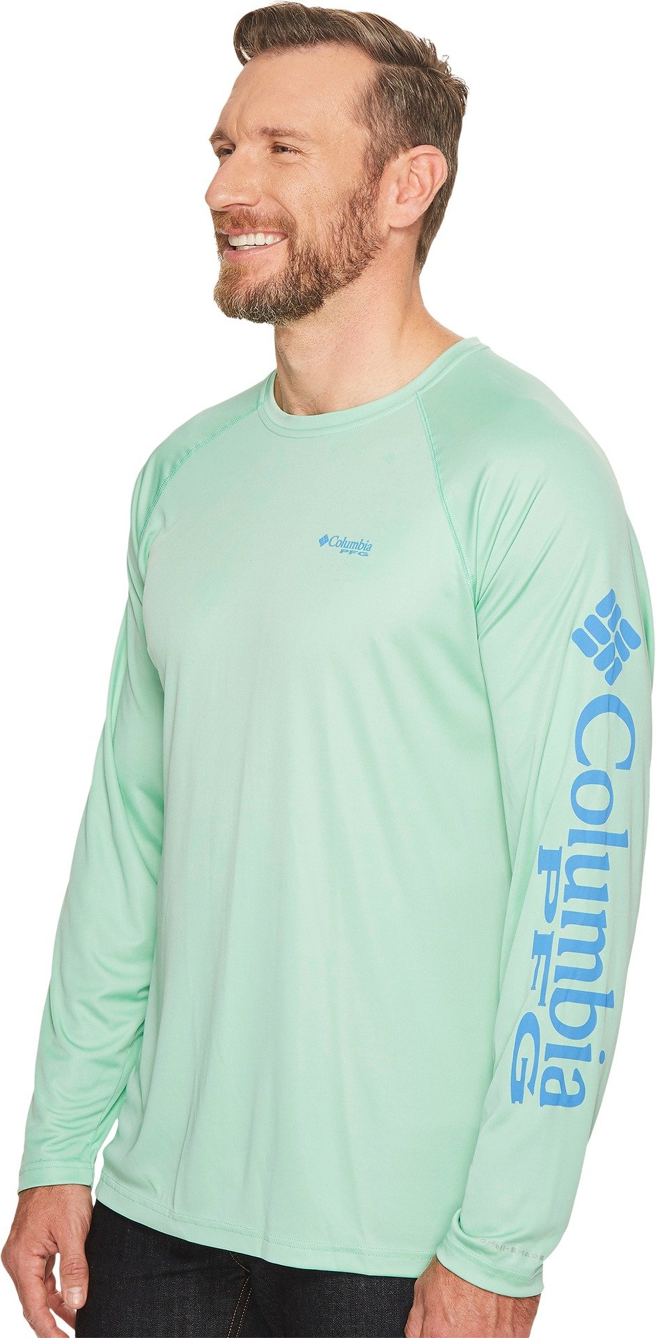 Columbia Men's Terminal Tackle Long Sleeve Shirt, Kelp/Harbor Blue Logo, Small