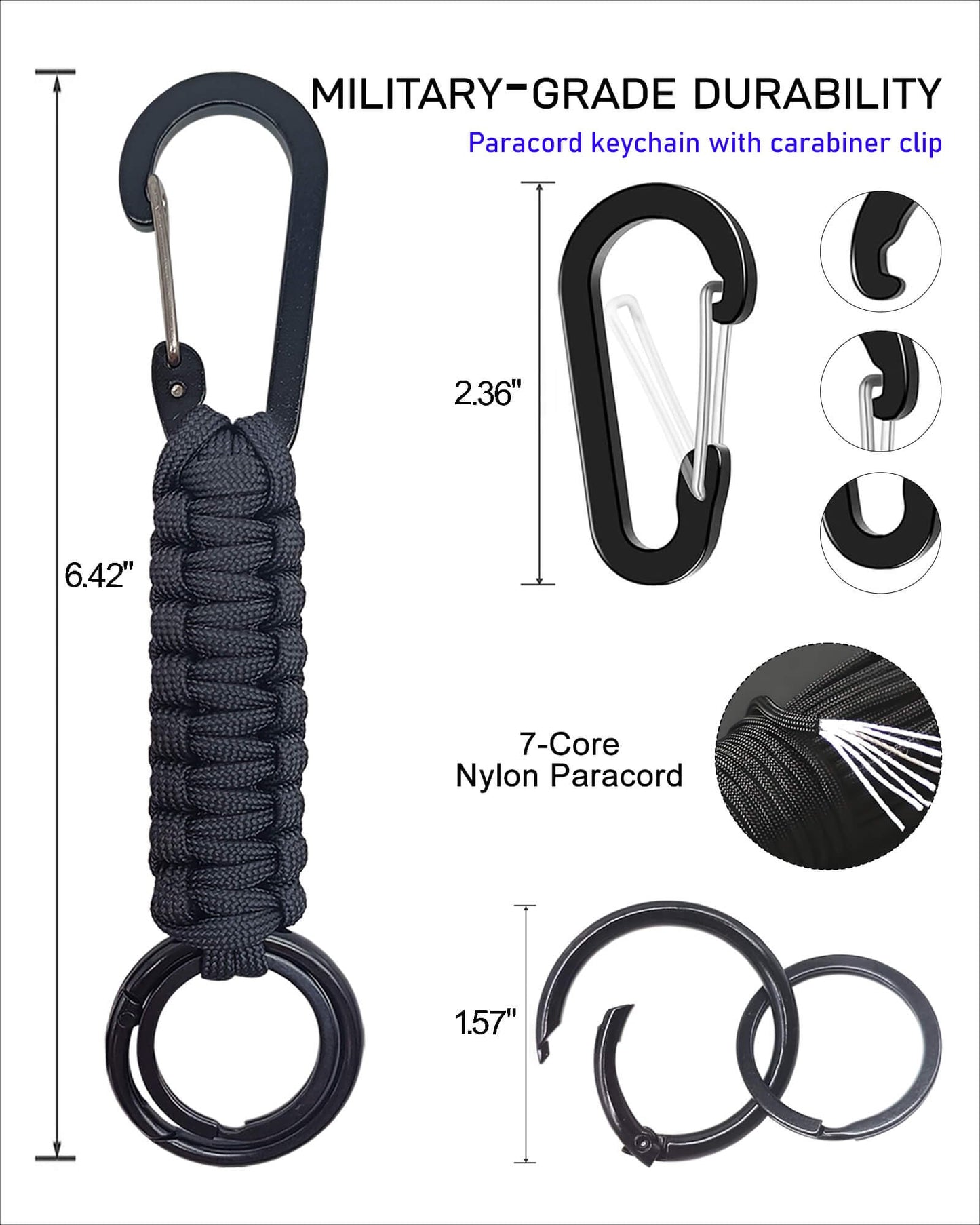 JulaZenith Paracord Keychain Carabiner With Strap, Tactical Paracord Carabiner Keychain, Keychain Lanyard For Men, Durable Key Chains Men For Fishing, Climbing, Hiking And Camping, Black (2 Pack)
