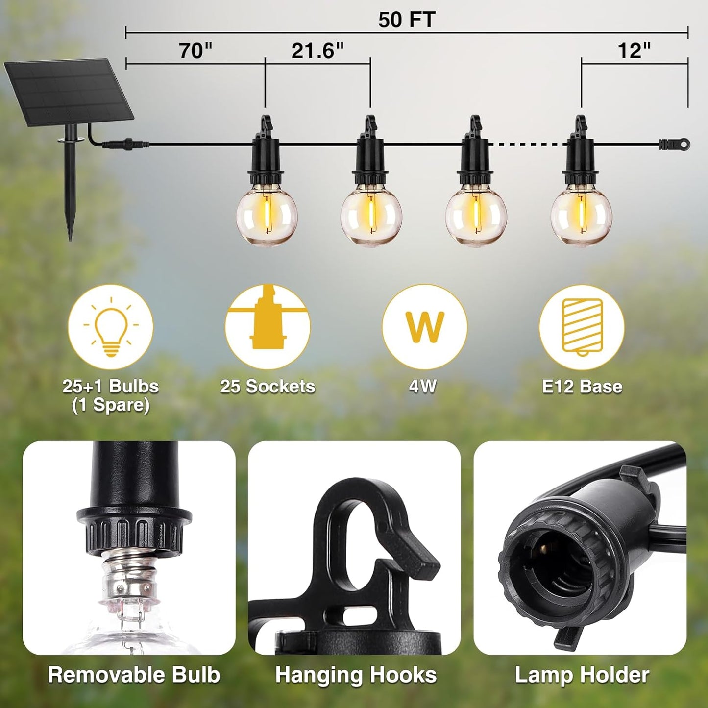 100FT Solar Powered String Lights with Remote - Waterproof G40 Patio Lights, 30 Shatterproof Bulbs, 3 Modes for Camping & Backyard