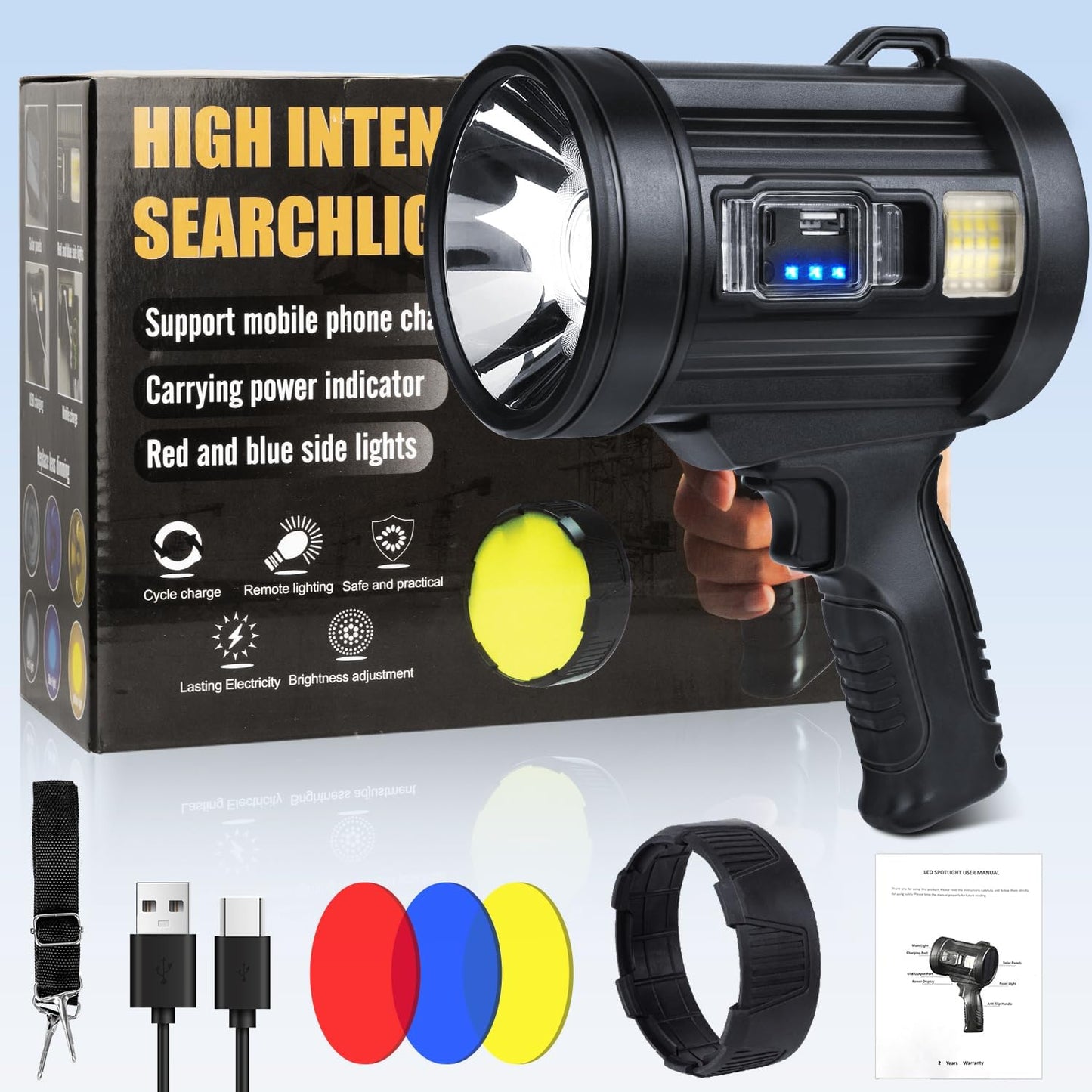 99,000 Lumens Rechargeable Handheld Spotlight - Super Bright LED Flashlight for Boats