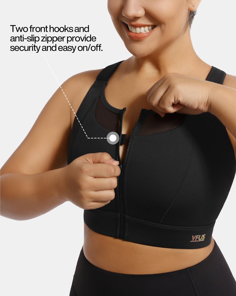 VFUS Adjustable High Impact Sports Bra Zip Front Sexy Mesh Racerback Workout No Bounce Compression Bras for Women (Large, Black)