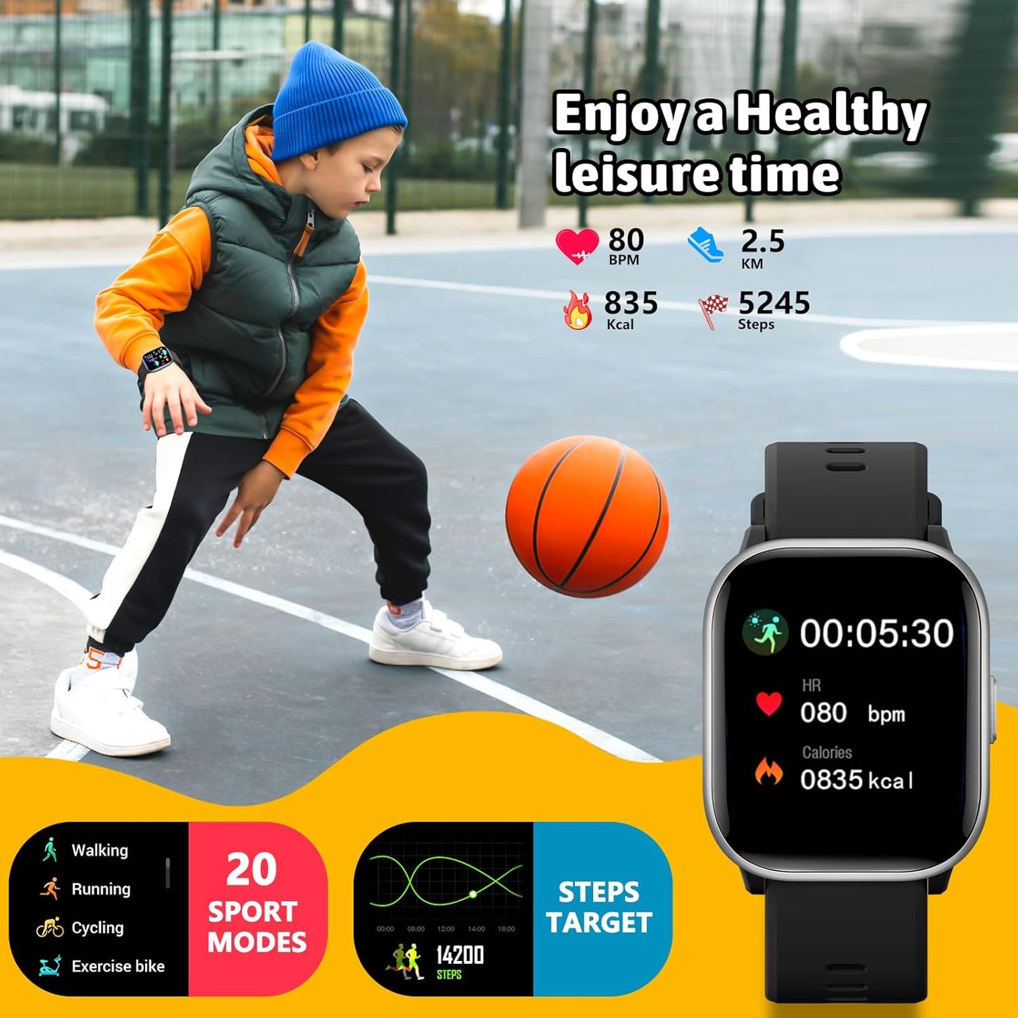 Skiennix SmartWatch for Kids - 20 Sport Modes, Pedometer & Sleep Monitor | Black, Ages 6-16