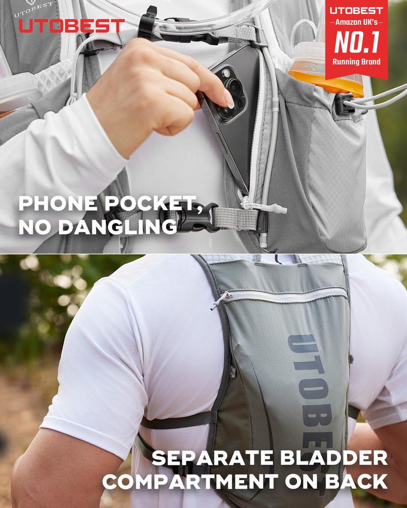 UTOBEST Running Vest, 5L Hydration Vest Lightweight, Running Backpack with 2 x Soft Flask, Adjustable Running Hydration Vest for Trail Running Marathon Race Jogging Cycling Gray