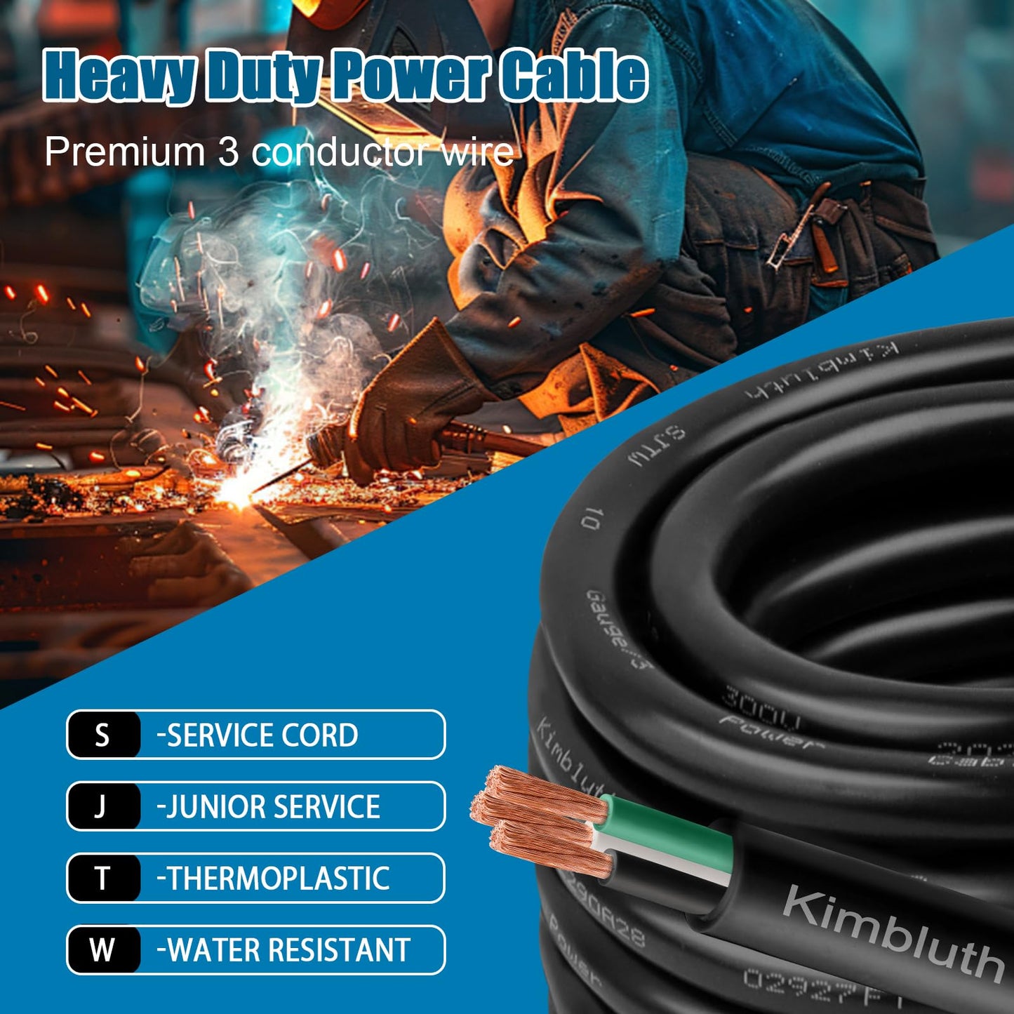 Kimbluth 14 Gauge 3 Conductor Wire SJTW Outdoor Extension Power Cable 100FT, 14/3 Wire Heavy Duty Pure Copper Electrical Wire for Lawn, Battery, Automotive, Outdoors