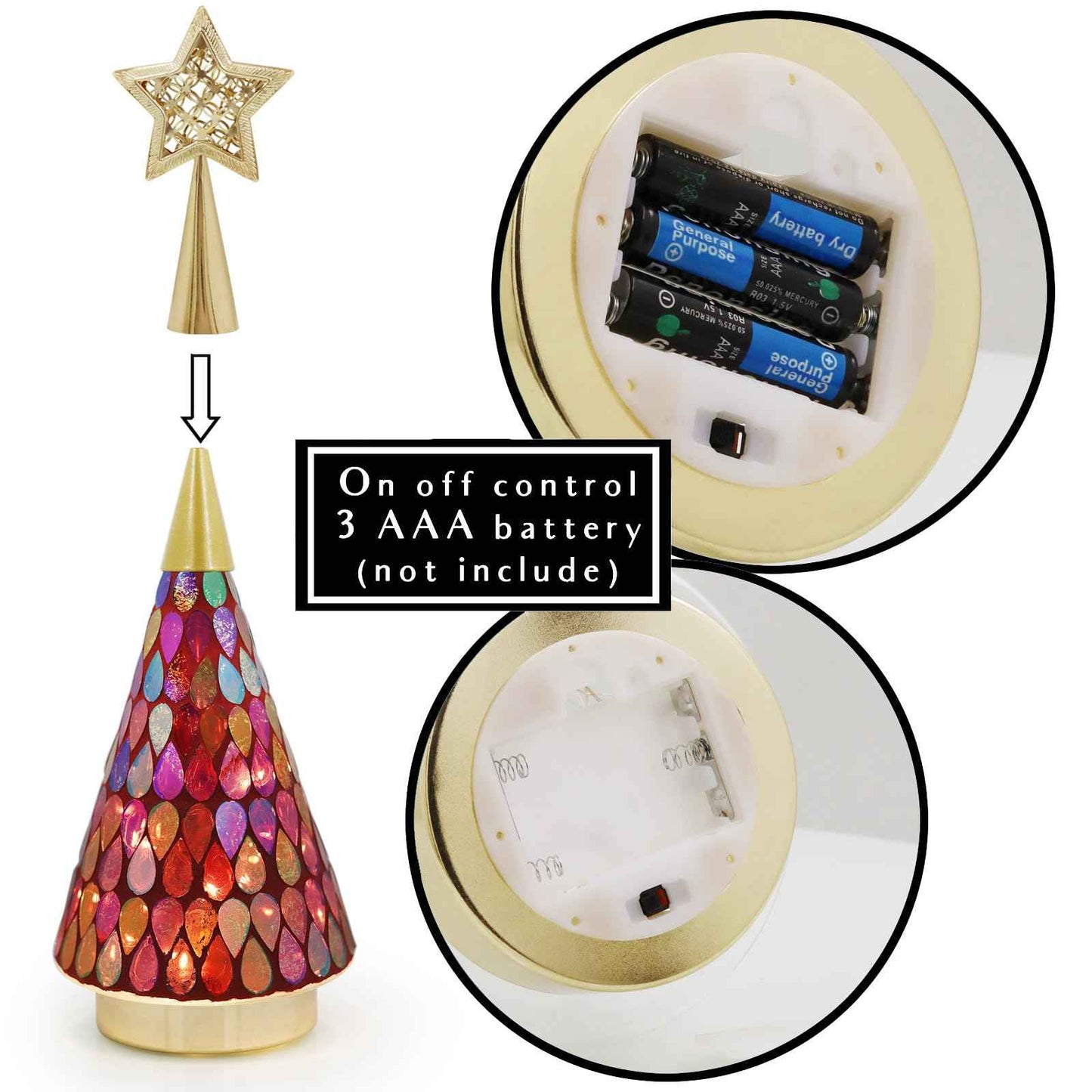 Small Red Glass Christmas Trees, 3 PCS Handmade Mosaic Glass Table top Christmas Trees with Light, Battery Operated Xmas Tree for Bedroom Decor 11"