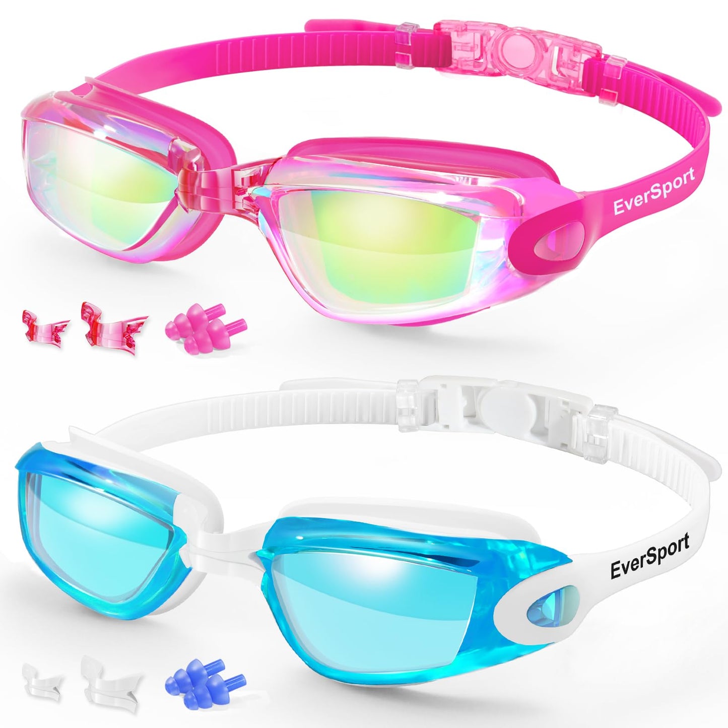 EverSport Swim Goggles, Pack of 2, Swimming Glasses for Adult Men Women Youth Kids Child, Anti-Fog, UV Protection, Shatter-proof, Watertight(LightBlue&Mirrored Rose Red)