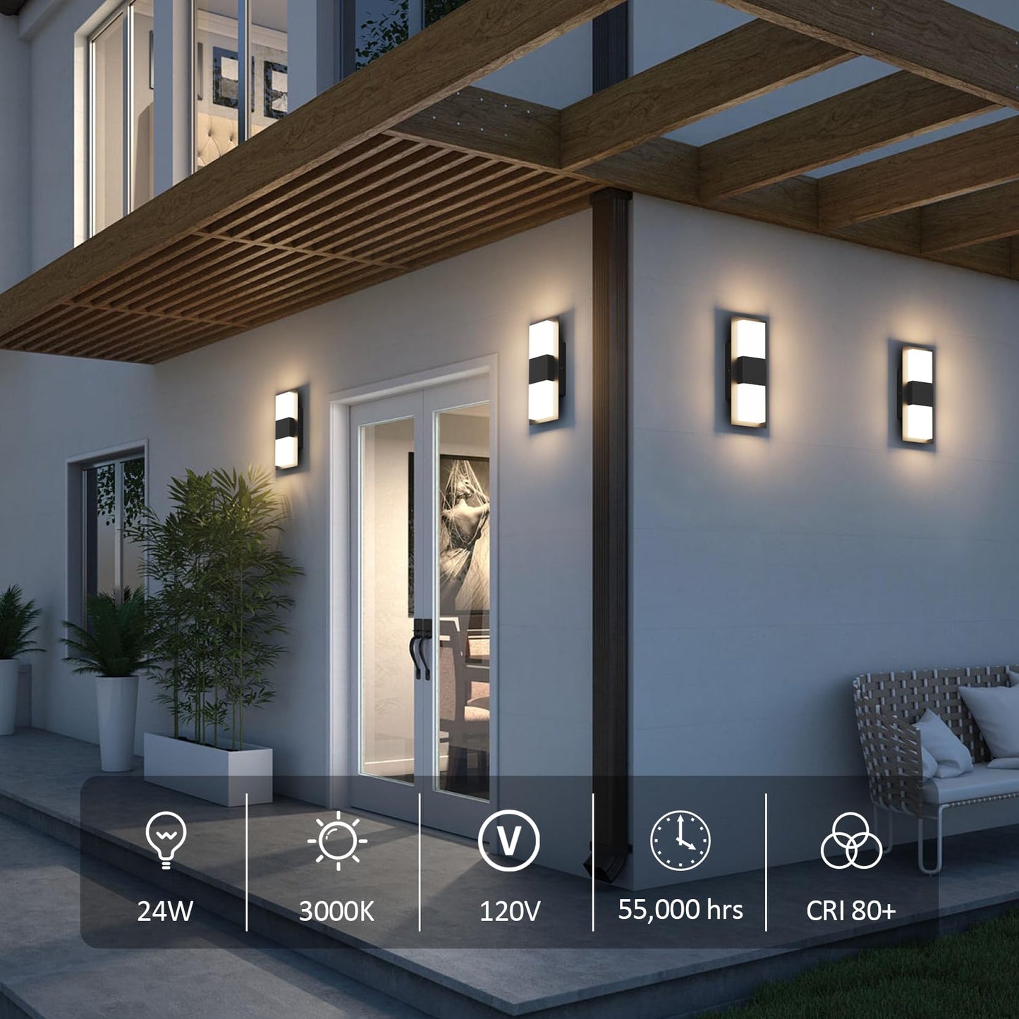 Aoceley 12inches Modern Outdoor Led Wall Light,30W 3000K Porch & Patio Hardwired Sconces with White Clear Acrylic Lampshade,IP65 Waterproof Aluminum Wall Lamp for Garage House Exterior(Black,2Pack)