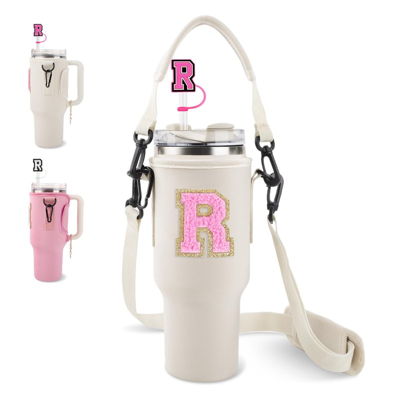Personalized Initial A-Z Water Bottle Holder Bag for Stanley 40oz Tumbler, Initial Water Bottle Carrier Bag with Strap, 2 Straw Cover Cap &2 Letter Chains for Stanley Cup Accessories(Pink-White E)