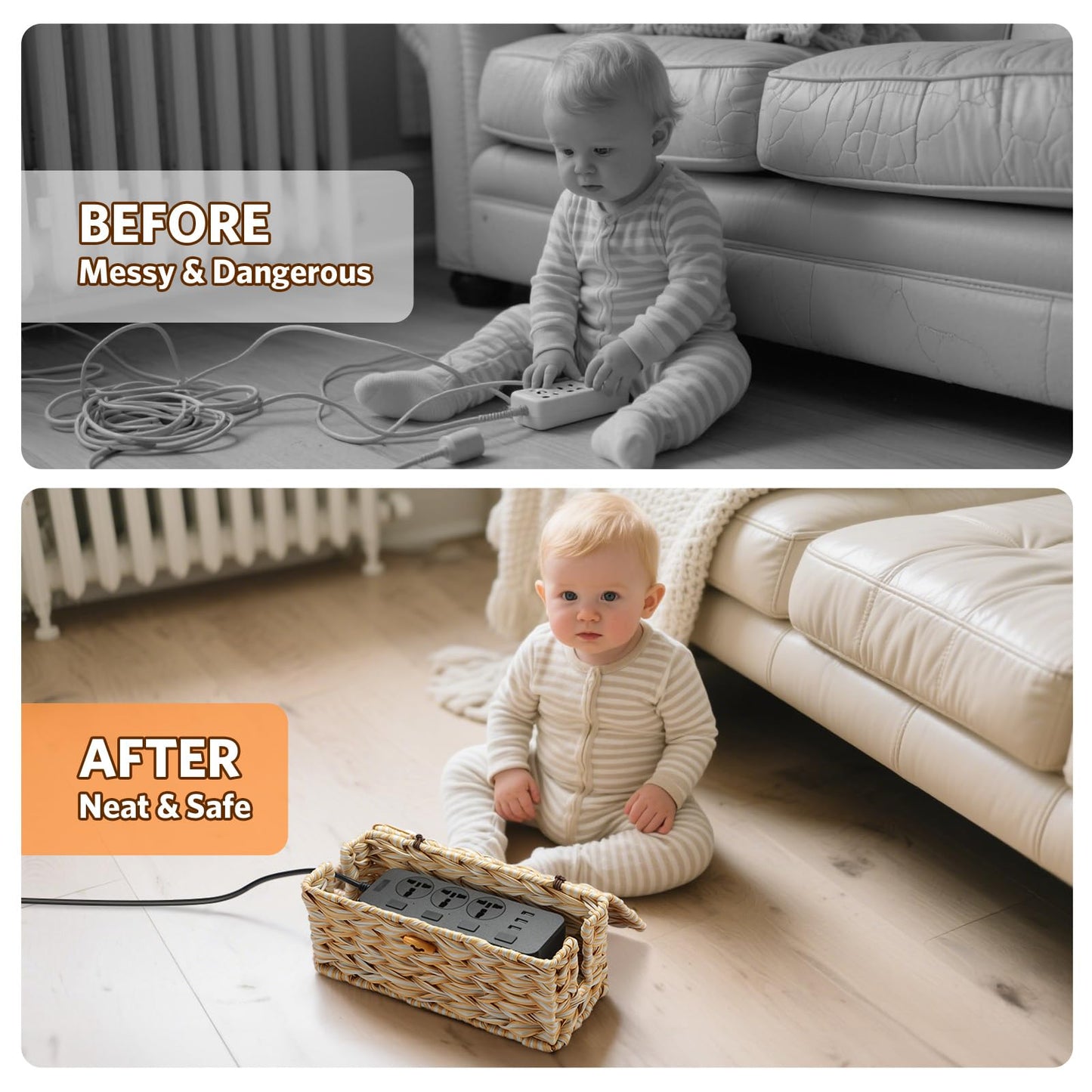 Delamu Handmade Synthetic Rattan Cable Management Box, Flat Weave Desk Organizer with Wire Management, Multi Purpose Cord Hider Box, 12.5" Lx 5.3" Wx 5.3" H, Natural & White