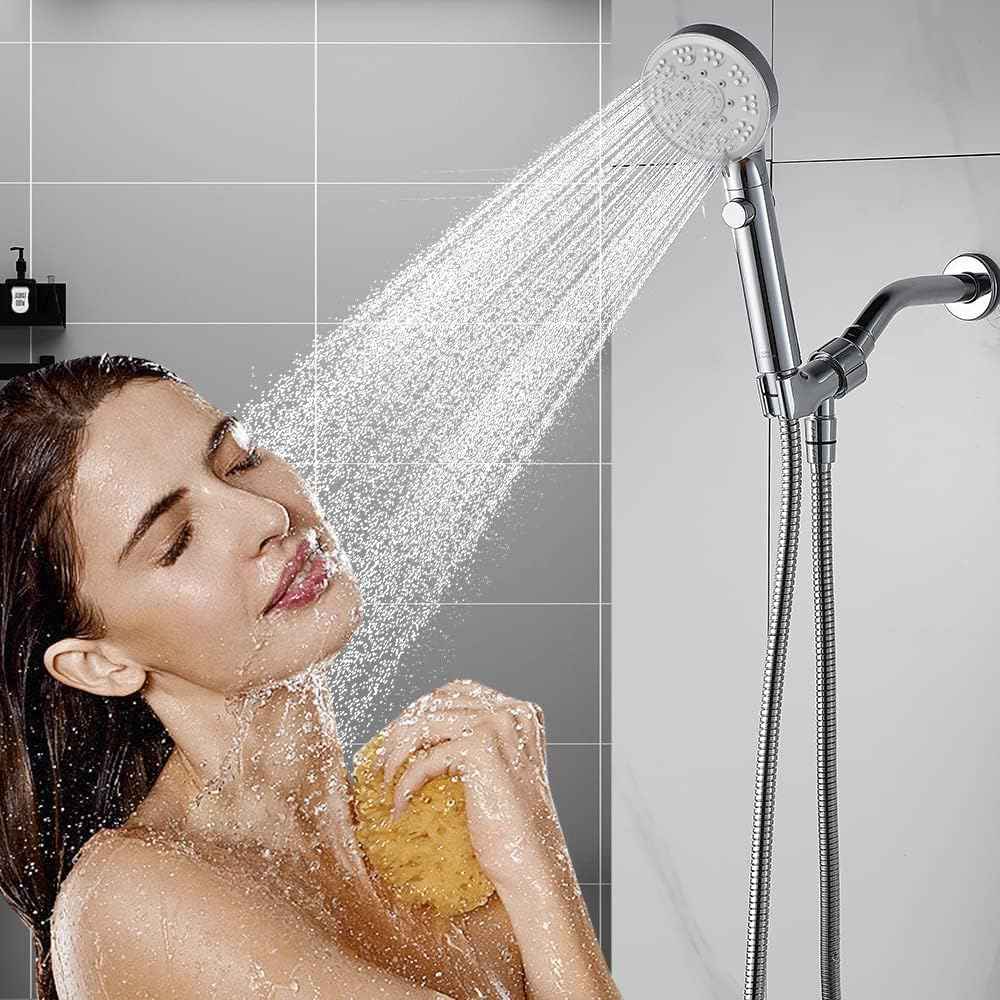 High Pressure Shower Head with ON/Off Pause Switch Button, 5 Mode Handheld Shower Head with Hose and Adjustable Bracket, Chrome, Easy to Wash Hair, Kid Bath, Pet Bath