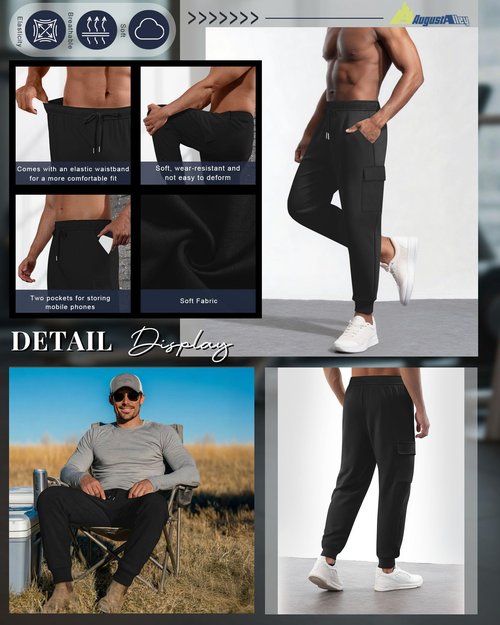 August Alley 3 Pack Men's Cargo Sweatpants Relaxed Fit Drawstring Elastic Waist Joggers Active Tapered Pants with Pockets(Black,Large)