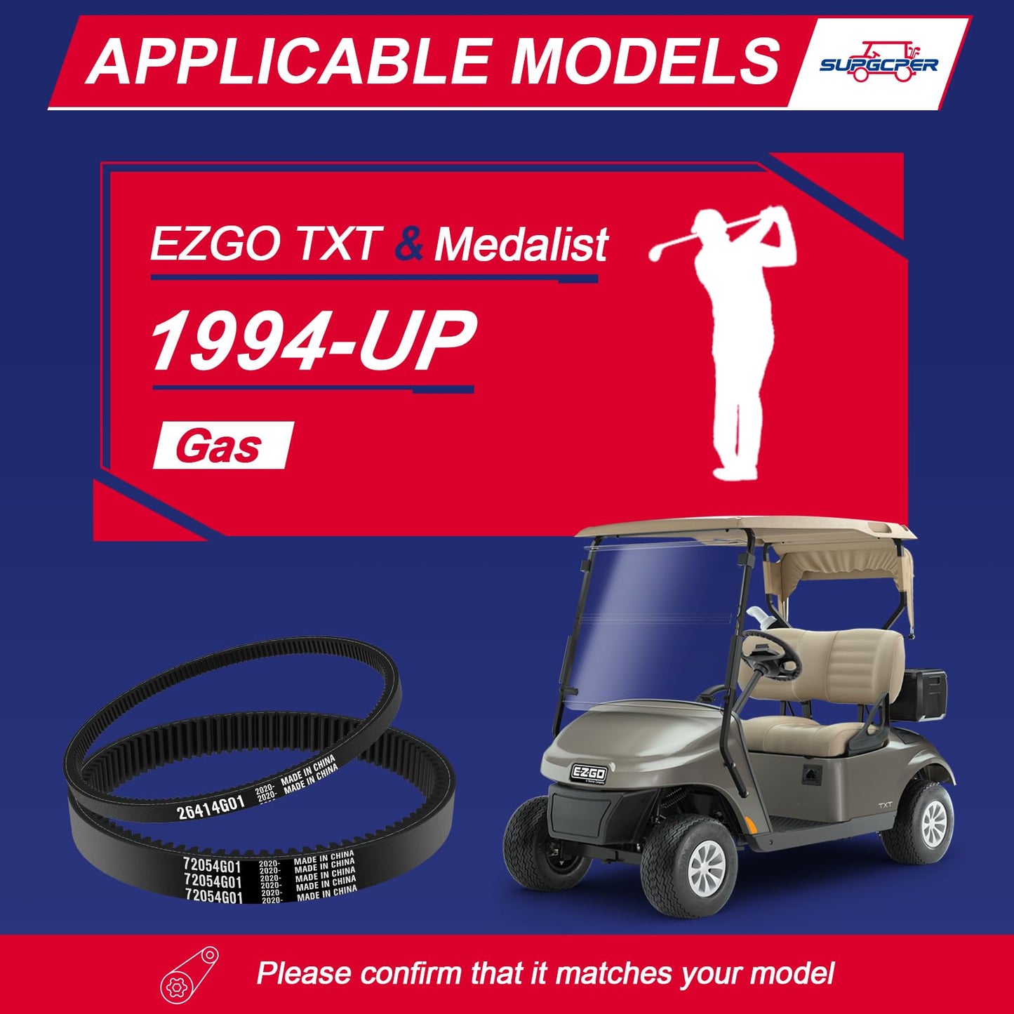 SUPGCPER EZGO Drive Belt & Starter Belt, Golf Cart Drive Belt & Starter Generator Belt Kits Fit 1994-UP EZGO TXT Medalist 4 Cycle Gas, Replace OEM 72024G01 72025G01 72054G01 26414G01