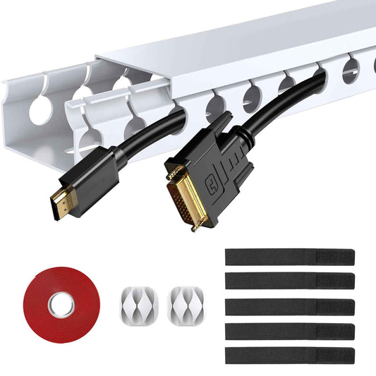 Updated White Cable Raceway Kit, 77 (5x15.5) inch Open Slot Wire Covers for Cords, Cable Management System to Hide Under Desk/TV/Computer/Net/Power Cords(Pack 5)