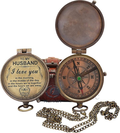 Engraved Antique Brass Poem Compass with Leather Case- Personalized Vintage Compass Gift for Husband, Wedding Gift for Him, Fiance Gift for Army Boyfriend Gift (to My Husband 4)