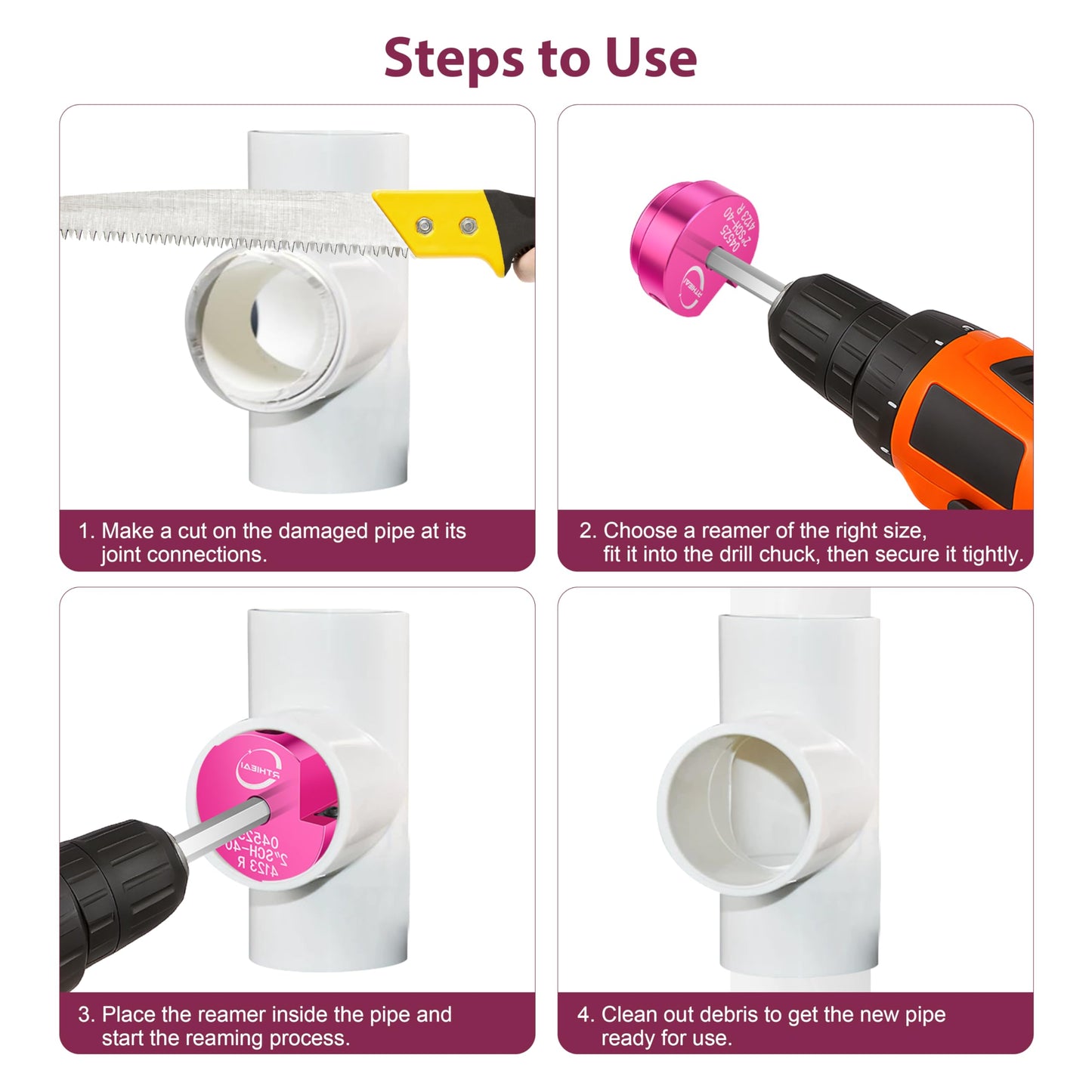 9 Pcs PVC Pipe Reamer Kit, PVC Fitting Saver Socket Saver Plumbing Tool with 1/2", 3/4", 1", 1-1/4", 1-1/2", 2", 2.5", 3" and 4" Head, Pipe Fitting Reamer for SCH40 CPVC ABS, Fits Standard 1/2" Drill