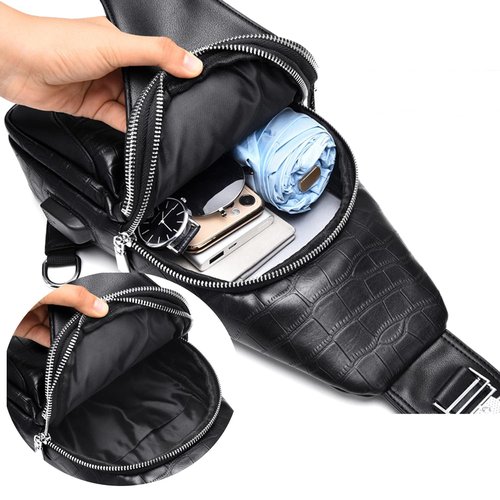 Leather Sling Bag Crossbody Daypack for Men Women Outdoor Travel Sports Camping Fishing Hiking Casual Shoulder Chest Pack (Black)
