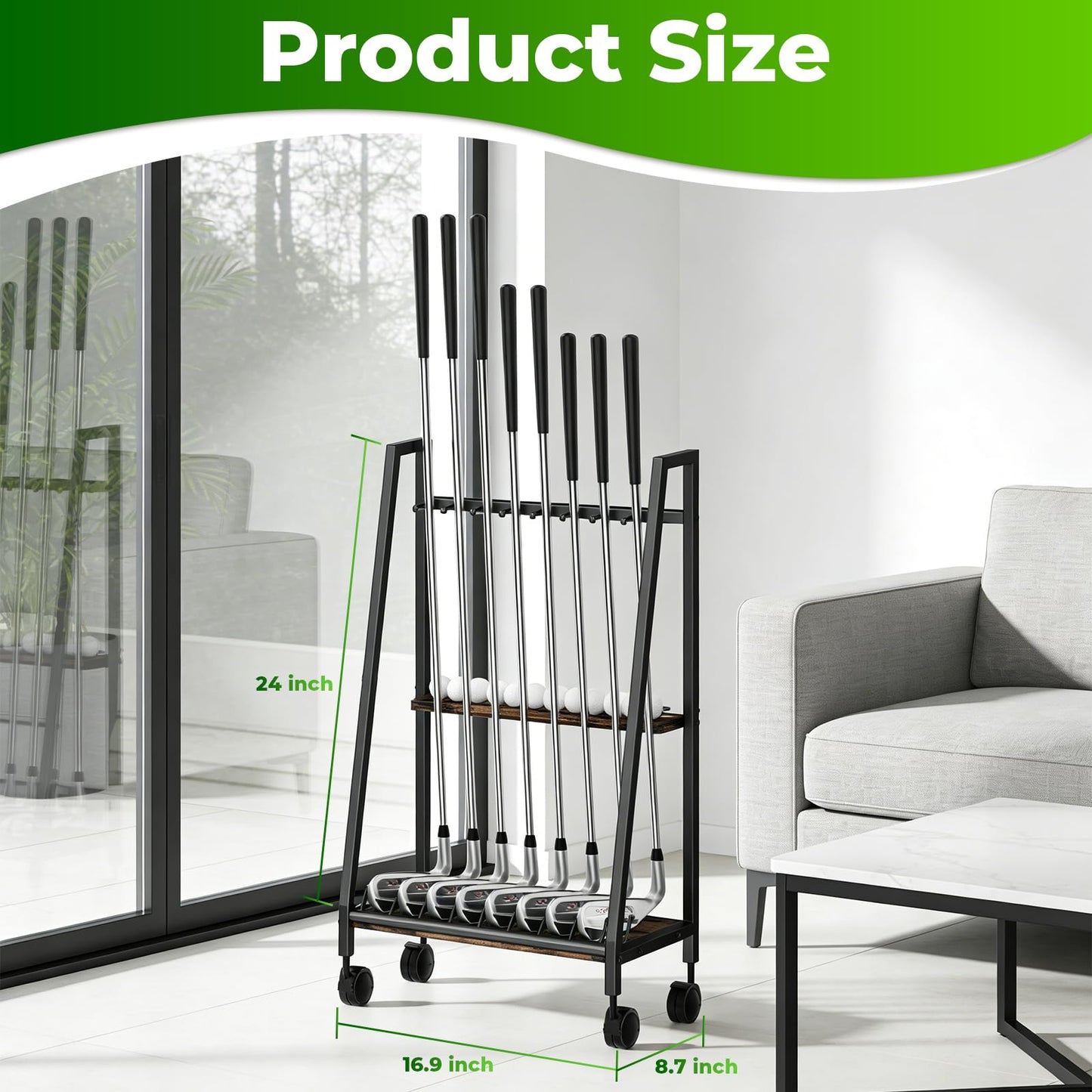 DEMEGA Golf Club Stand with Wheels, 8 Golf Club Holder & 9 Ball Rack, Matte Black Iron & Natural Wood Board Golf Club Organizer, Portable Golf Storage Rack for Garage Home Office Indoor Display