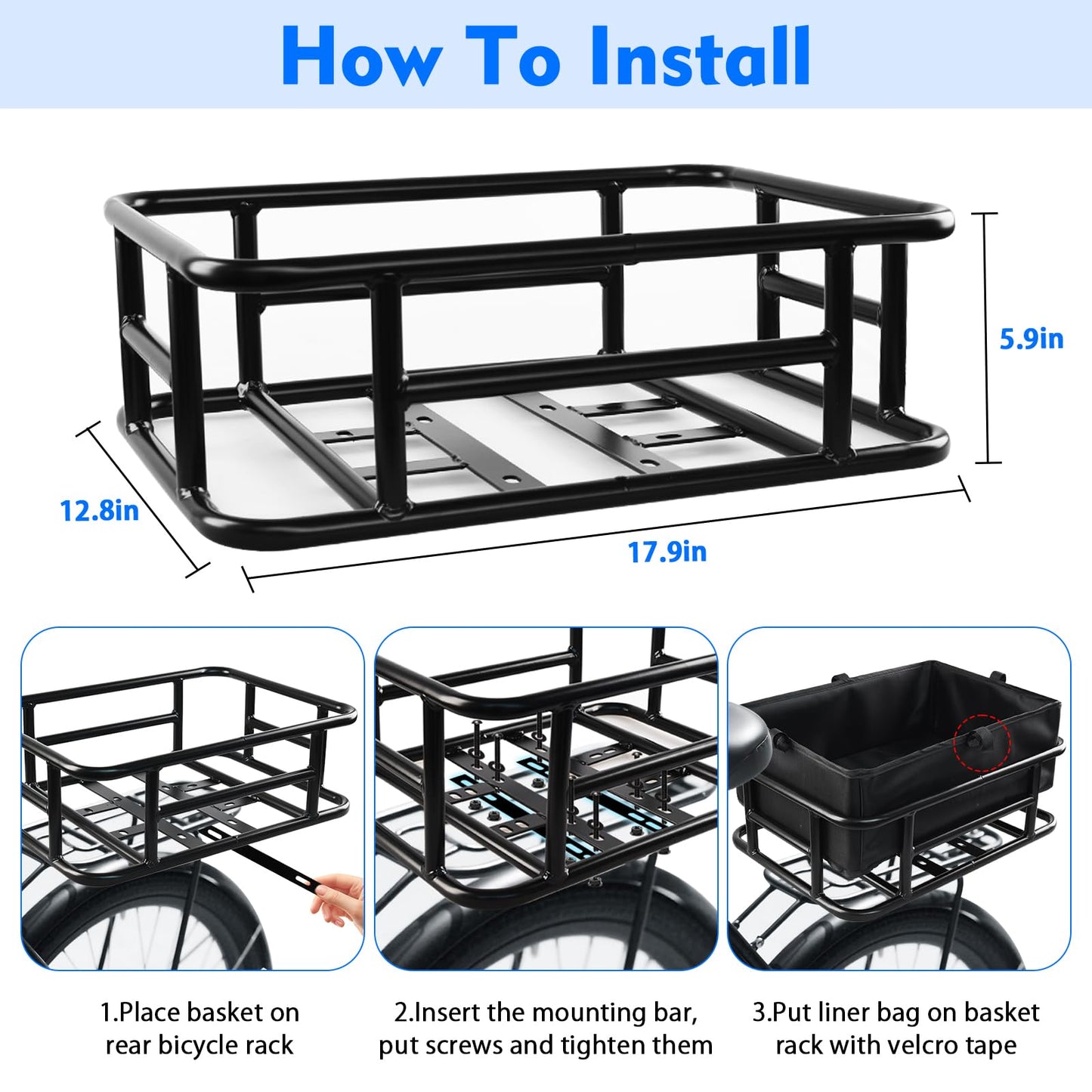 Rear Bike Basket, Large Bicycle Rear Basket with Liner, Cargo Net and Waterproof Cover, Bike Baskets Rear Bike Back Baskets Bicycle Baskets (18 * 13 * 5.9)