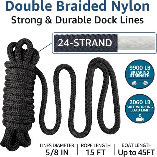 Marine-Grade Boat Dock Lines by [Brand Name] - 5/8" x 15' Double Braided Nylon Ropes | High Strength, Easy Handling - 4 Pack, Black