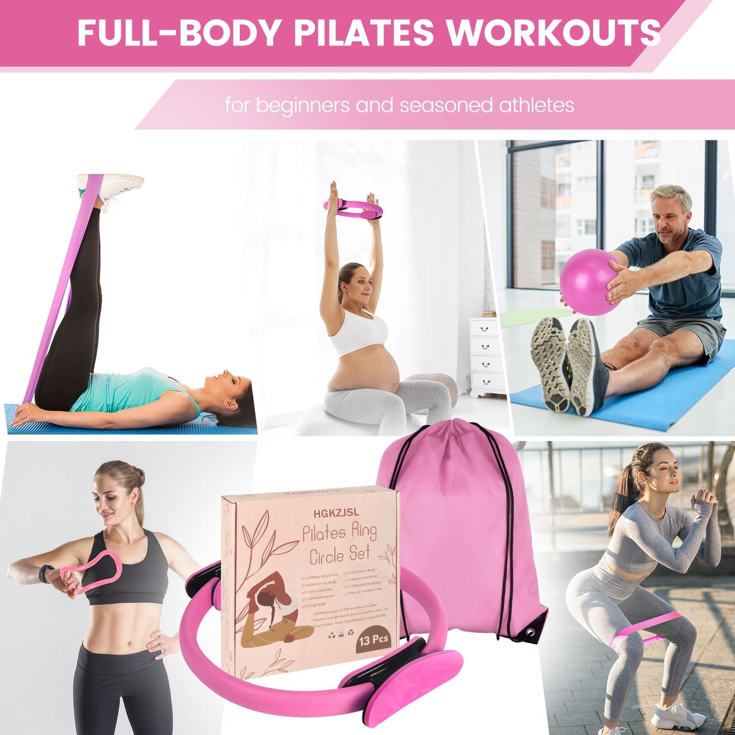 Home Pilates kit for Women with 5 Resistance Bands, Pilates Magic Circle Ring and Ball Set Accessories, Home Workout Equipment Essentials Starter Kit for Beginners, Full Body Toning Flexibility