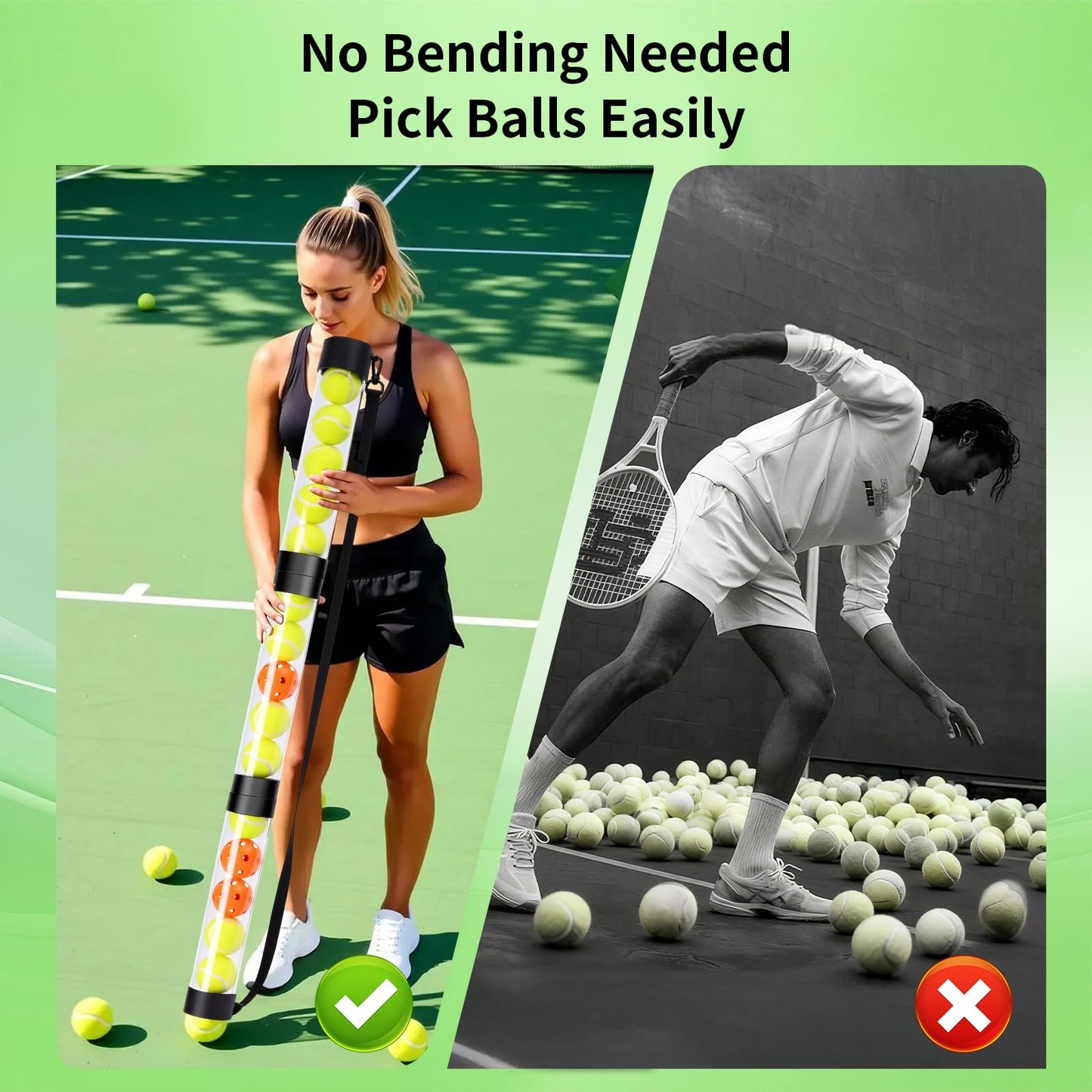 SWALTRIX 17 Pickleballs & 18 Tennis Balls Picker Upper – Collapsible No-Bend Retriever Tube with Shoulder Strap, Lightweight Portable for Indoor & Outdoor Court Practice