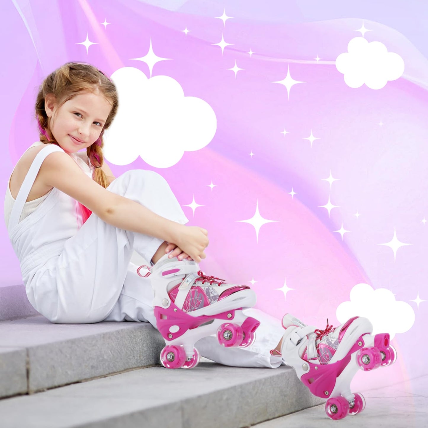 TOMSHOO Roller Skates for Girls Boys Kids 4 Sizes Adjustable Rollerskates with Light up Wheels Ages 3-5 5-8 6-12 Skating Shoes for Indoor Outdoor (Pink, Small)