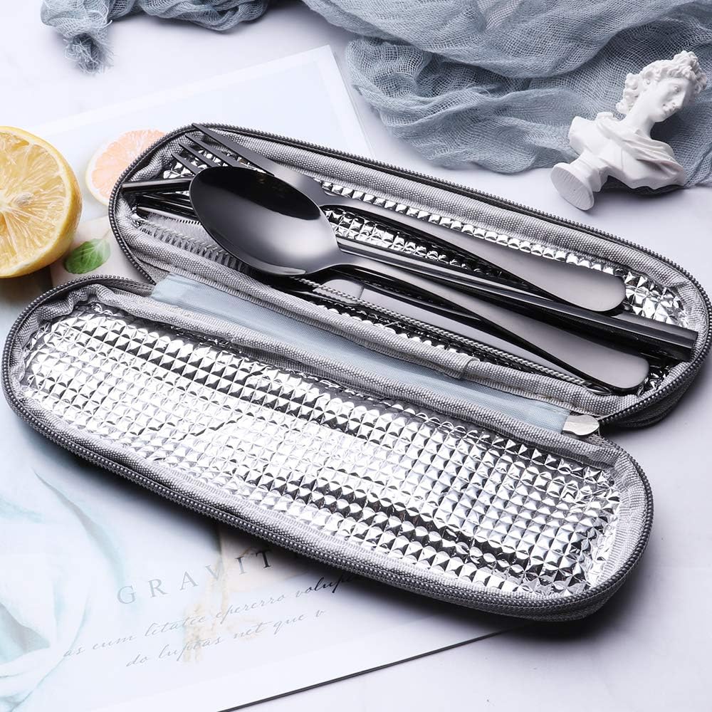 Skiennix Travel Utensils Set - 8-Piece Reusable Stainless Steel Cutlery for Lunchbox & Office | Portable & Dishwasher Safe - Black