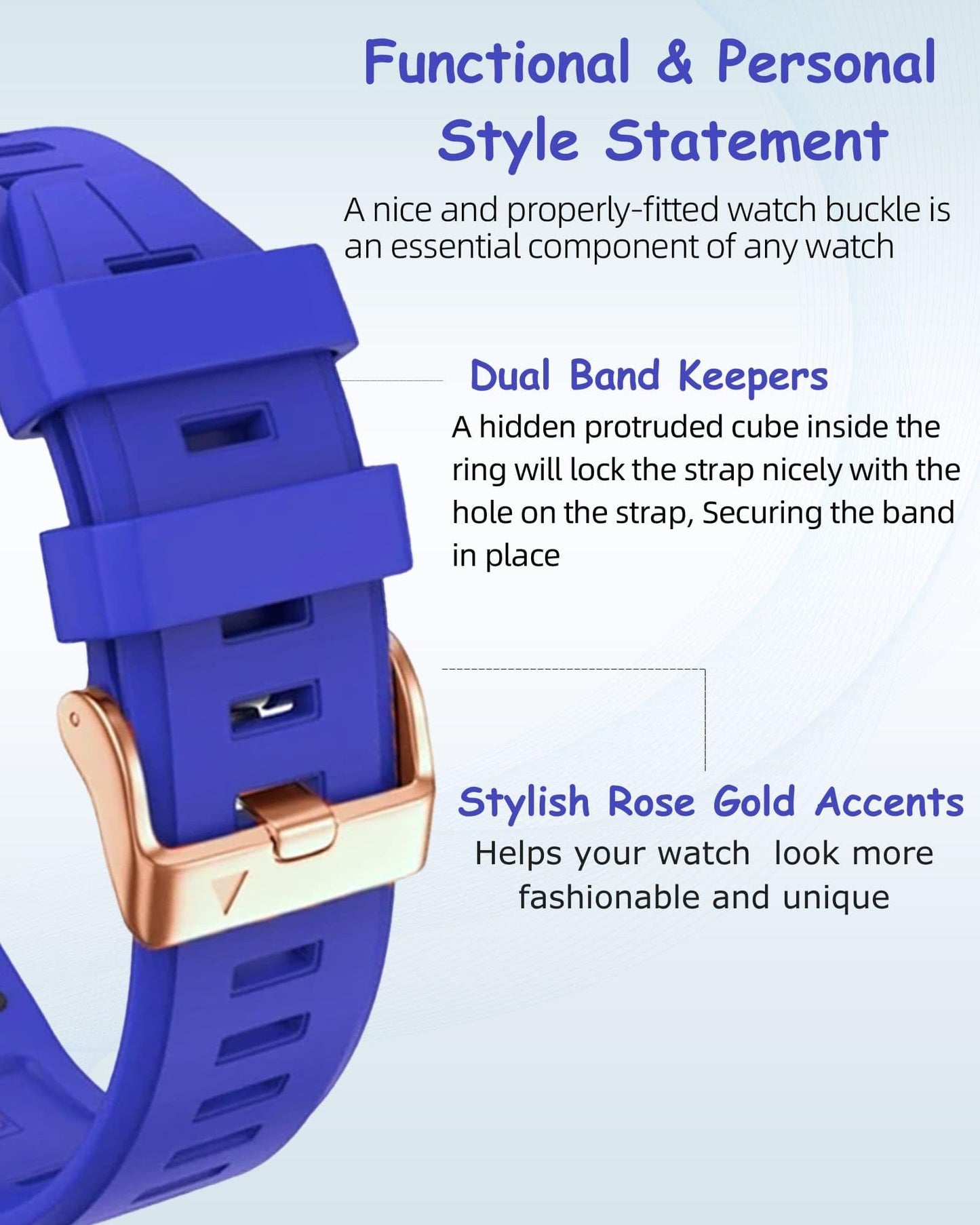 OUTVI 20mm Watch Band for Garmin fenix 6s 5s 7s pro epix pro gen 2 42mm Descent Mk2s Mk3 Mk3i soft silicone quick fit 20 bands with Rose Gold buckle for women Blue