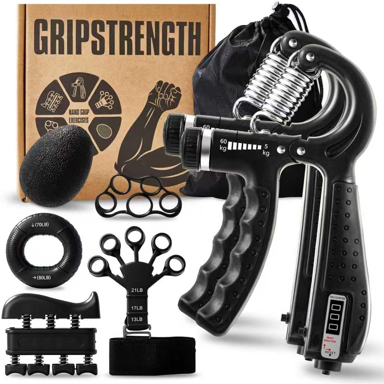 Skiennix 7PCS Grip Strength Trainer Kit - Adjustable Forearm Grips & Finger Stretchers | Hand Training Tools