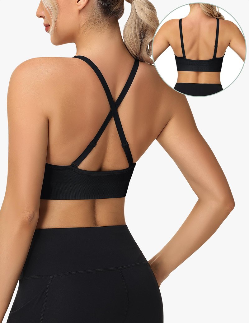 WANAYOU Sports Bras for Women, V Neck Adjustable Spaghetti Strap Criss Cross Sports Bra Padded Low Impact Wireless Seamless Sexy Bralettes for Athletic 3 Pack Black White Blue Large