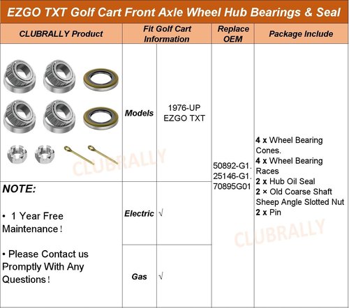 CLUBRALLY 2 Set EZGO TXT Golf Cart Front Axle Wheel Hub Bearings & Seal G&E 1976-UP, OEM#50892-G1, 25146-G1