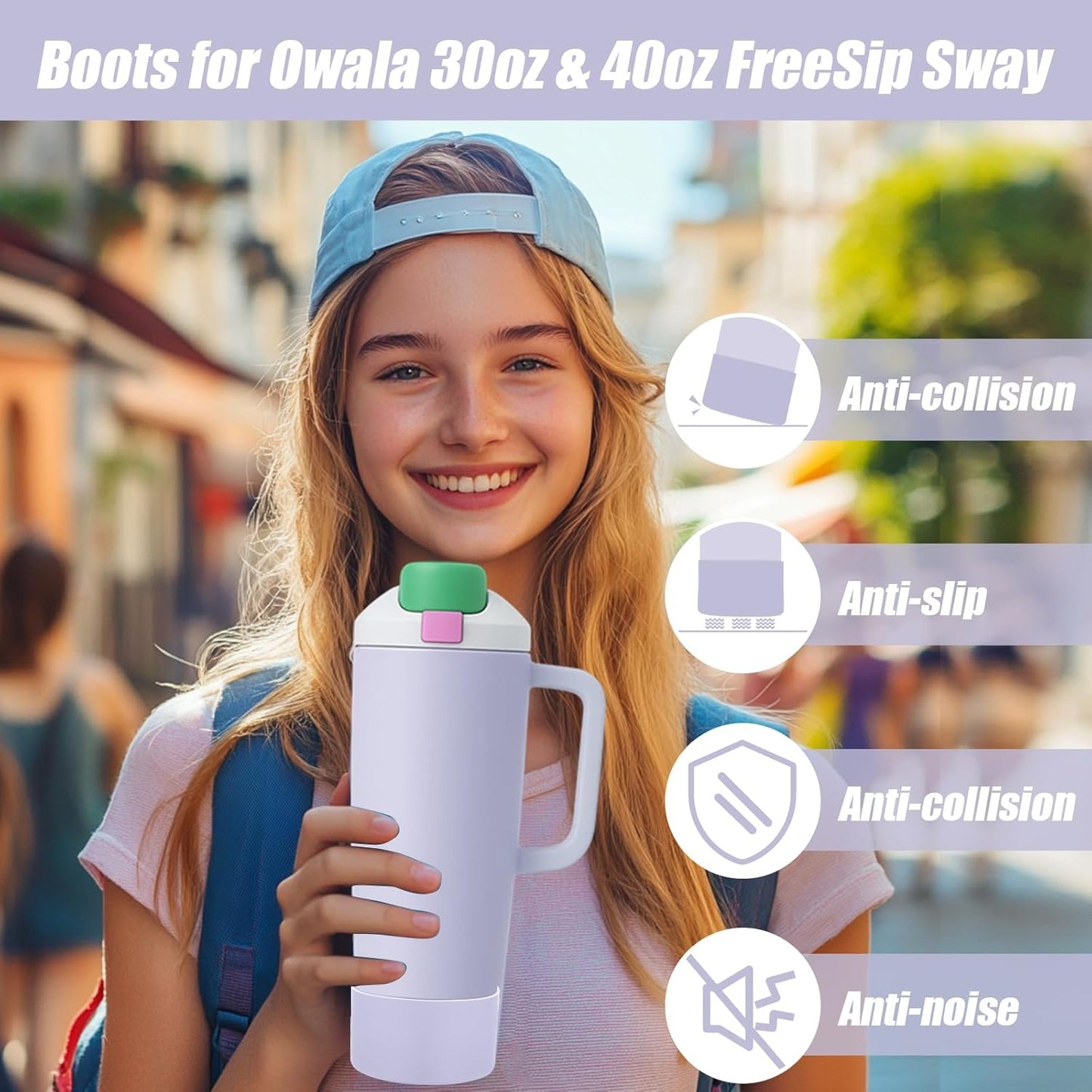 Mity Rain Silicone Protective Boots for Owala 30oz & 40oz FreeSip Sway Bottles - Light Purple, Enhances Stability & Prevents Scratches