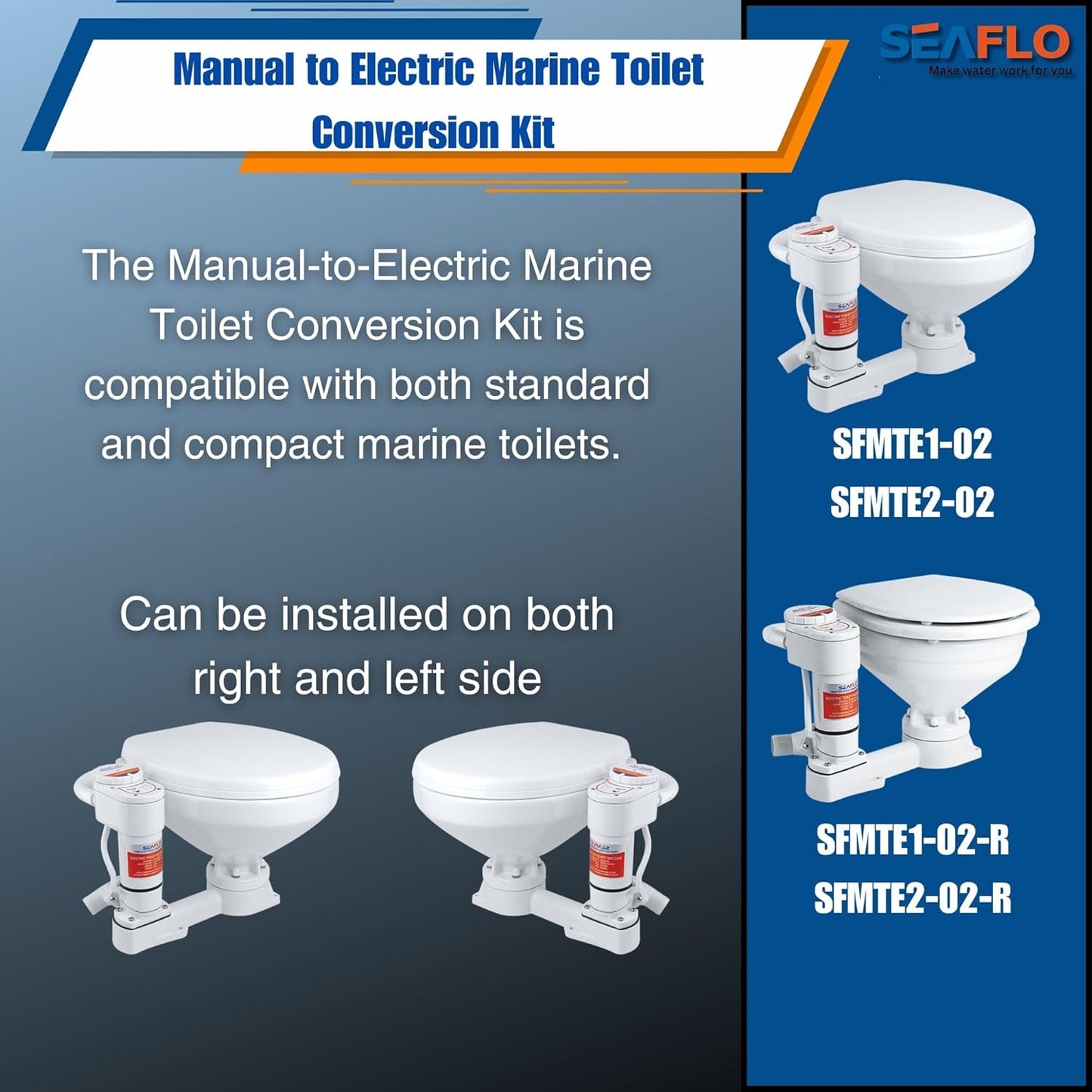 SEAFLO 12V Electric Marine Toilet Conversion Kit - Self-Priming Macerator Flush, Fits Compact & Regular Heads