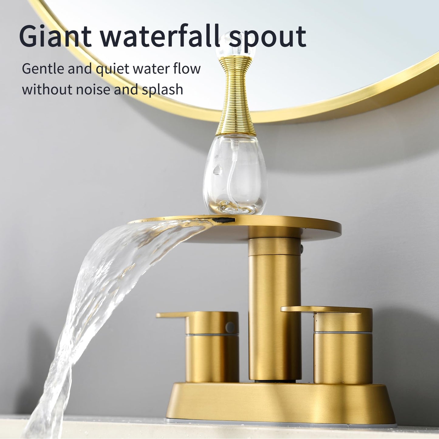 Brushed Gold Bathroom Sink Faucet 3 Hole，Waterfall Bathroom Faucet 4 Inch Centerset with Pop-Up Drain，2 Handle Stainless Steel Faucets for Bathroom Sink Vanity RV