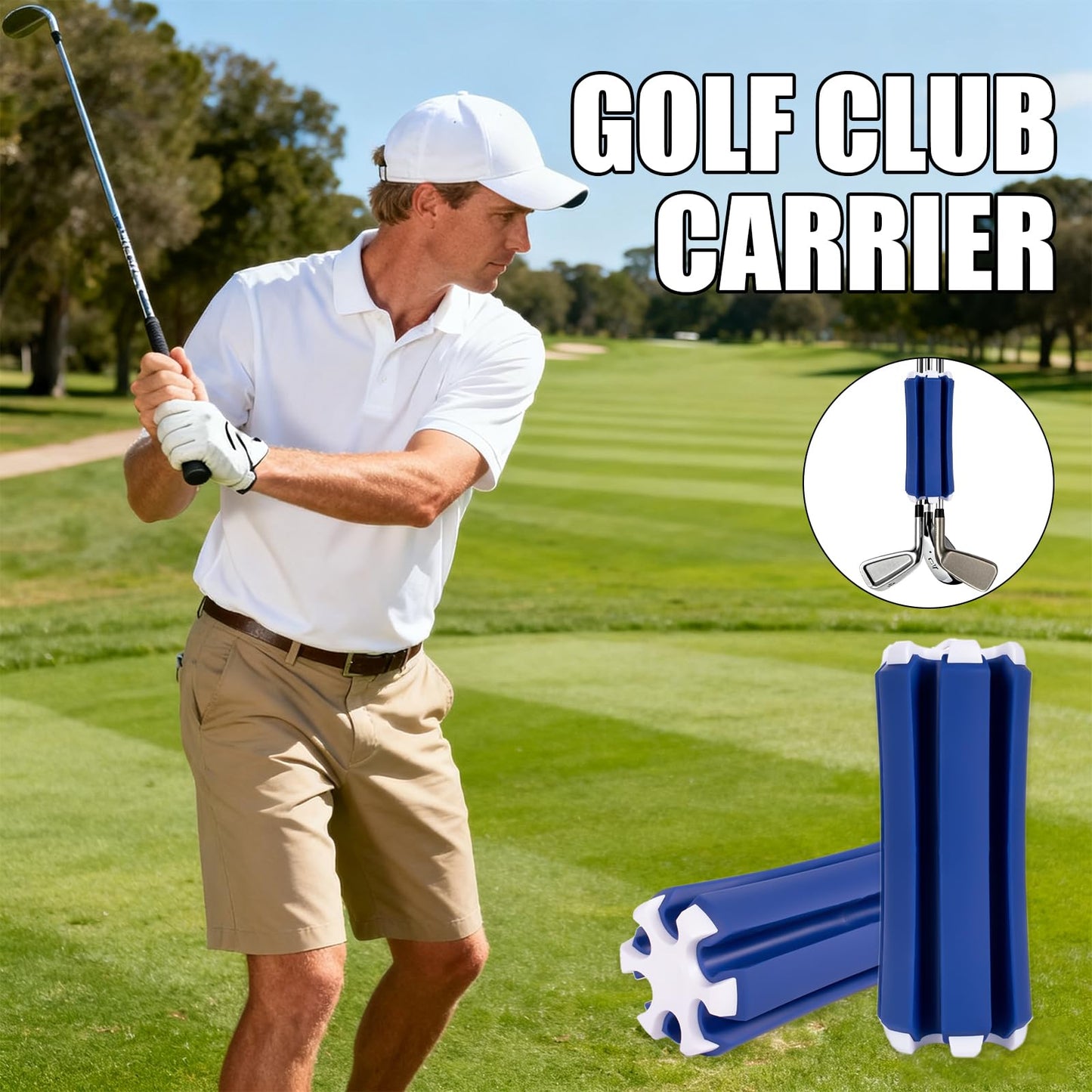 Golf Club Holder, Golf Club Organizer Support Stand, Cylindrical Holder for 6 Golf Club, Easy-Access Golfing Accessory with Strap, Reduces Clutter in Golf Bag (Blue and White)