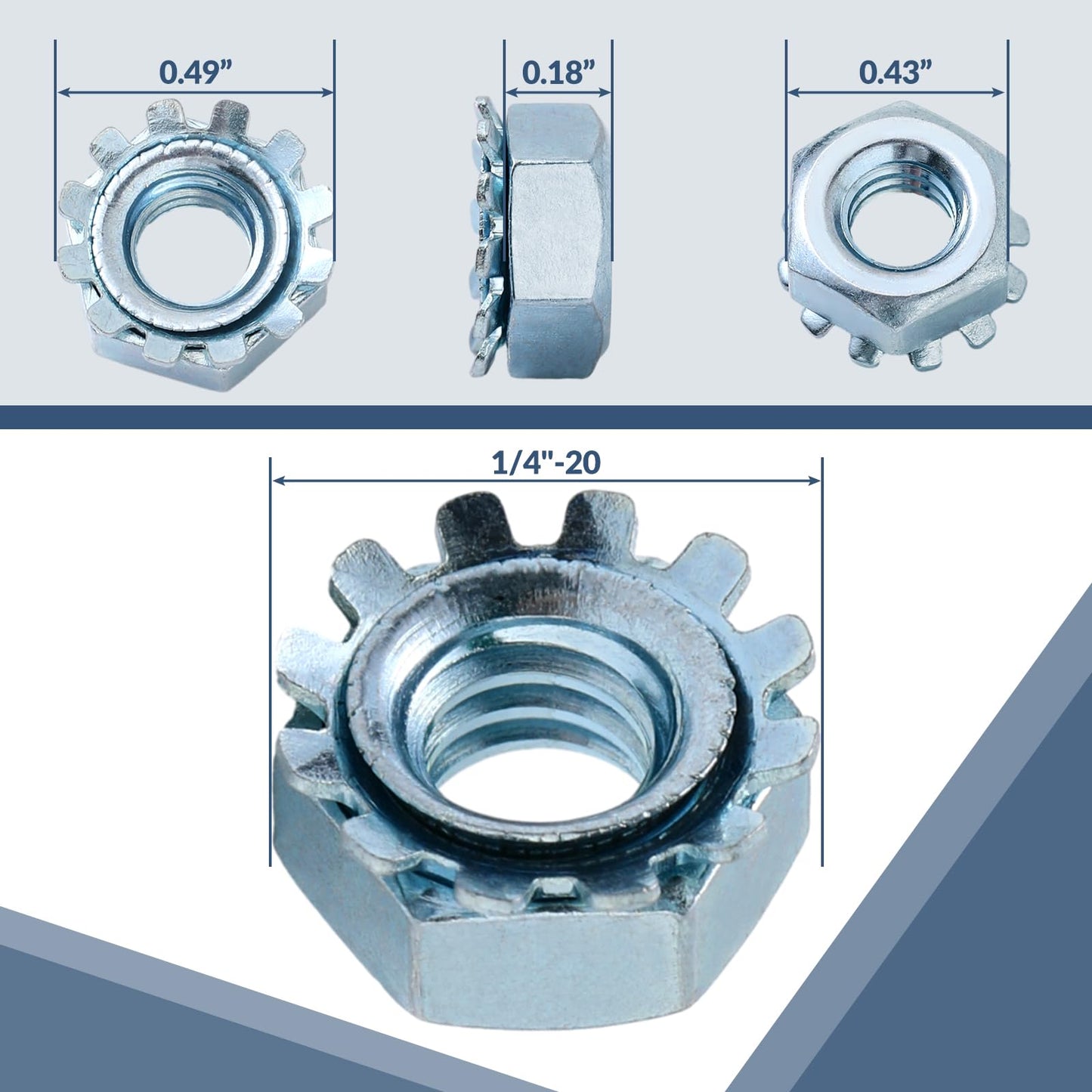 Tandefio 100 Pcs Lock Nut, 1/4"-20 Lock Nuts Zinc Plated Steel Nuts with External Tooth Washer Silver Hardware for Low Load Assemblies
