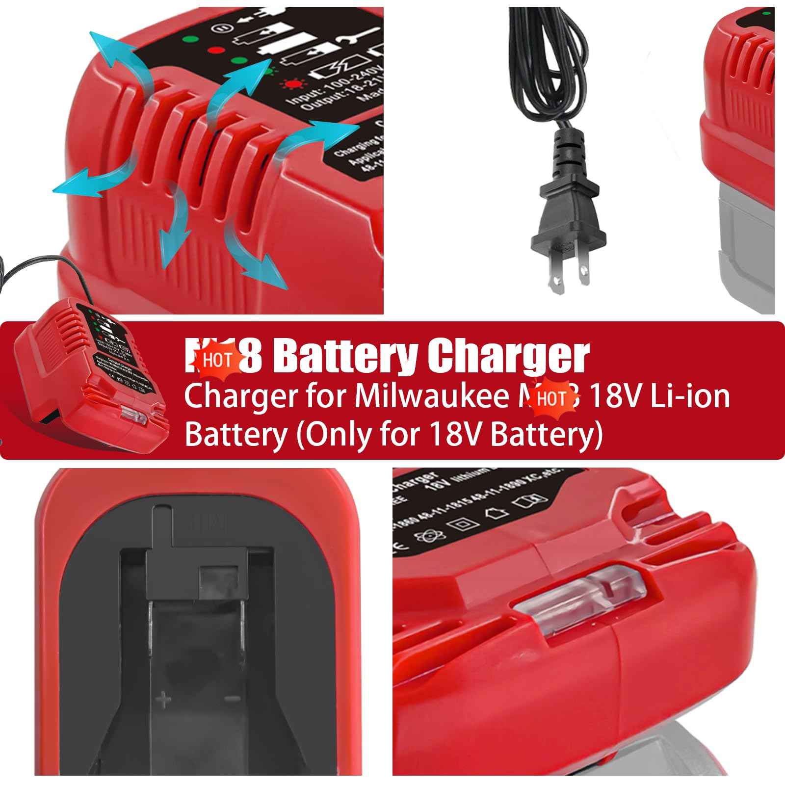 Portable Charger Replacement for Milwaukee Charger M18, Compatible with Milwaukee Battery Charger M18 18V Lithium-ion Batteries 48-11-1862, 48-11-1880, 48-11-1850, 48-11-1852, 48-11-1812