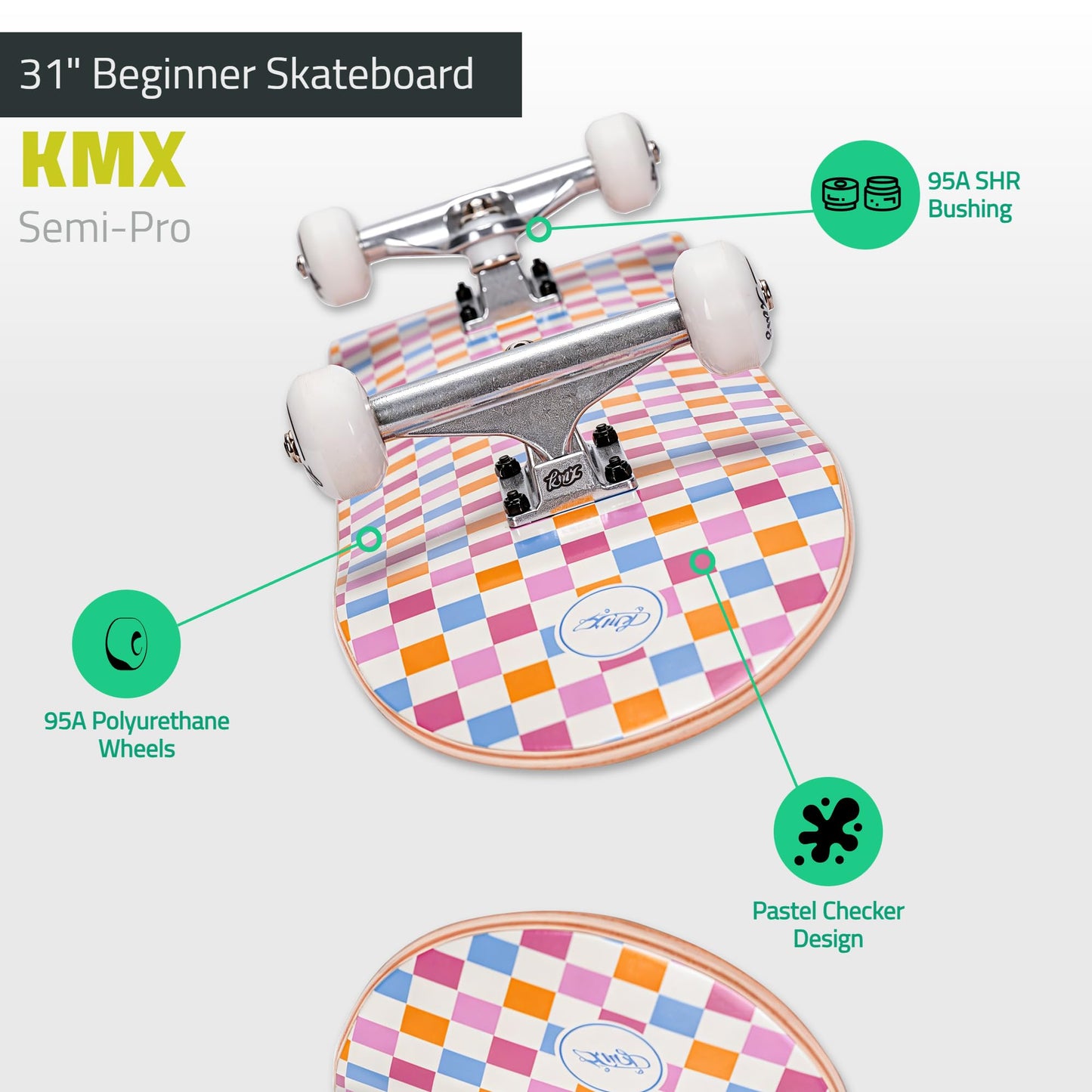 KMX Complete 31" x 8" Skateboard for Beginners, 7-Layer Canadian Maple Double Kick Concave Deck| Aluminum Alloy Trucks | 31 Inch Pro Skate Board for Girls, Kids, Teens, Adults(Pink Checker)