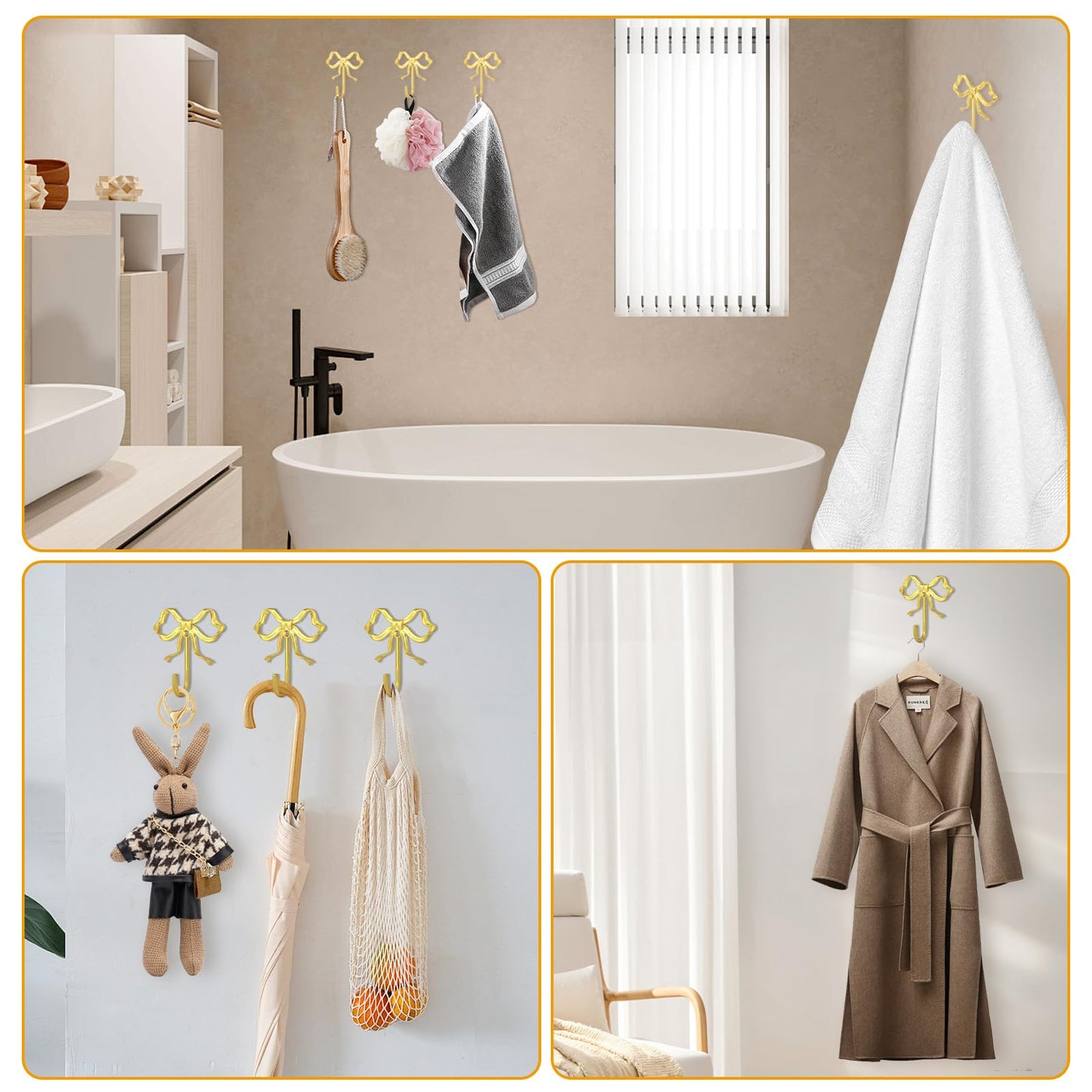XHIPY 2Pcs Large Size Gold Bow Wall Hook, Gold Coat Hook, Metal Hook, Bow Room Decor Hooks for Coats, Coffee Mugs, Hats, Bags, Bath Towels and Room Decorations