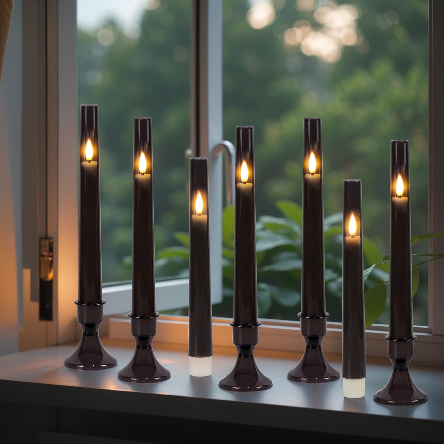 KunSwenn Black Flameless Taper Candles with Remote, Halloween Battery Operated Taper Candles with Base, LED Flameless Battery Candlesticks for Home Holiday Decor(Set of 6, Acrylic Shell)