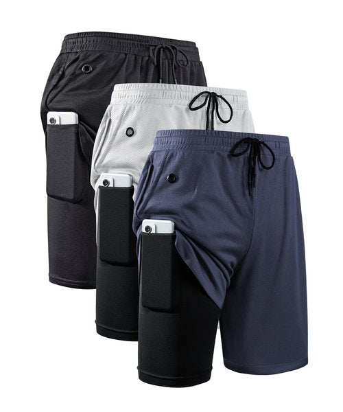 JWJ 3 Pack Mens 2 in 1 Running Shorts Quick Dry Gym Athletic Workout Shorts with Compression Liner,Black Light Navy XXXL