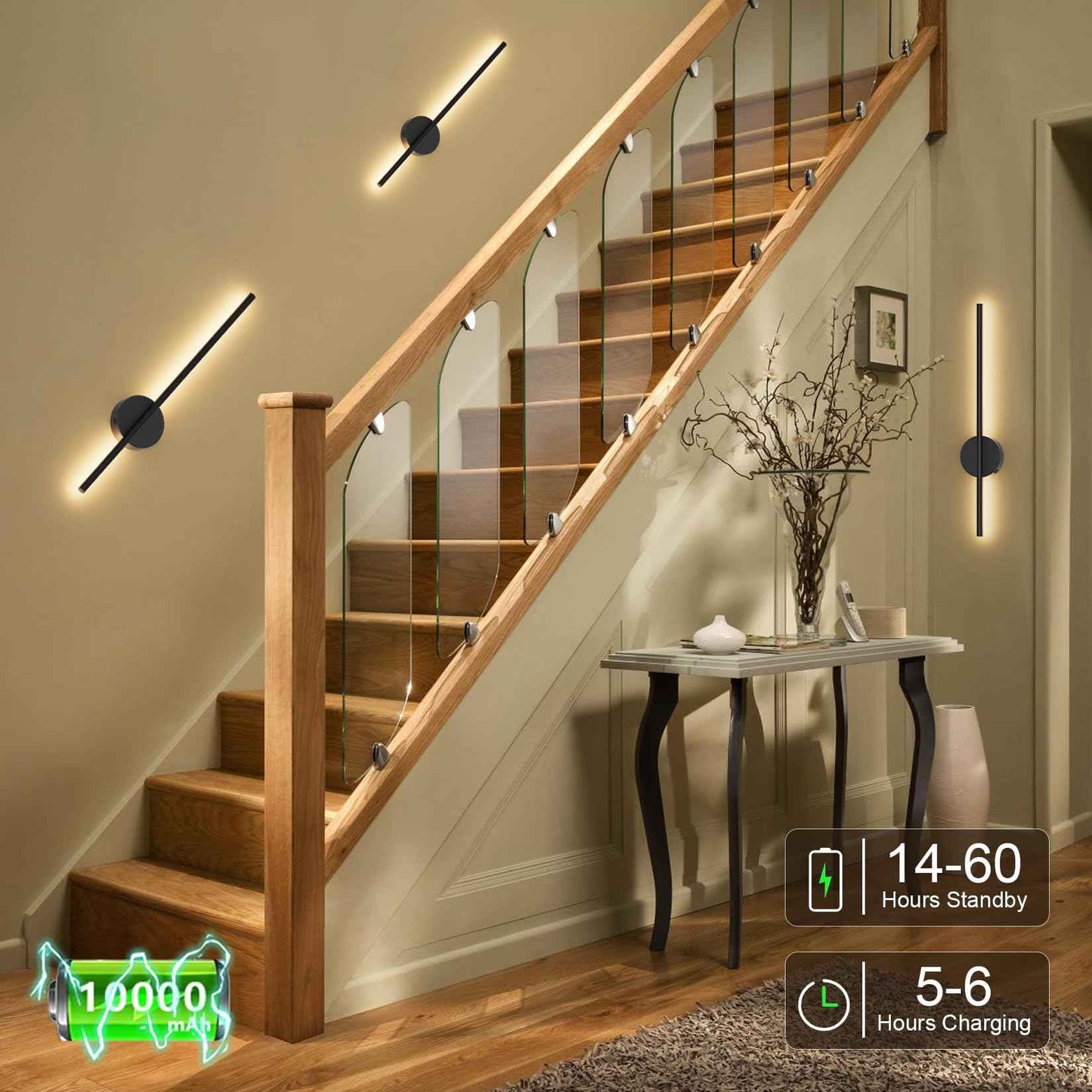 Black Battery Operated Wall Sconces 2 Packs with Remote Control, Dimmable Rechargeable Wall Sconces, 360°Rotate, LED Wireless Stepless Dimming Wall Lights for Living Room, Hallway, Bedroom 23.6 Inch