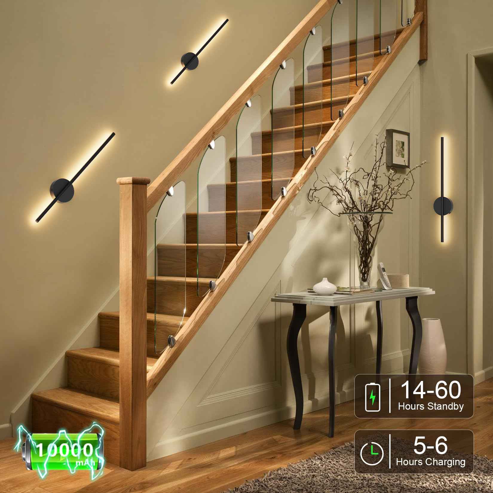 Black Battery Operated Wall Sconces 2 Packs with Remote Control, Dimmable Rechargeable Wall Sconces, 360°Rotate, LED Wireless Stepless Dimming Wall Lights for Living Room, Hallway, Bedroom 23.6 Inch