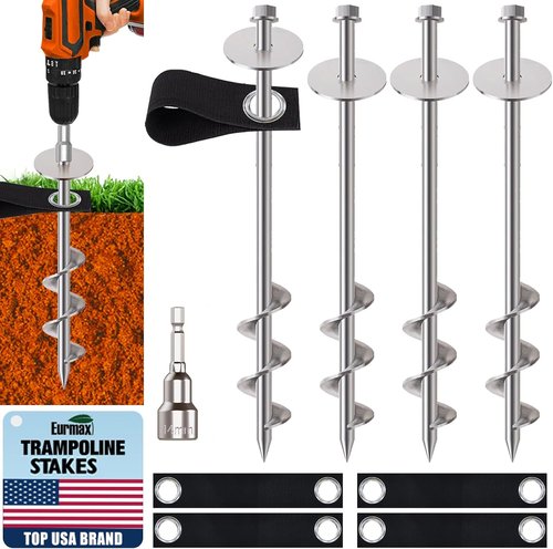 Eurmax USA Ground Anchors - Heavy Duty Trampoline Stakes with Bonus Strong Belts | Set of 4 Silver