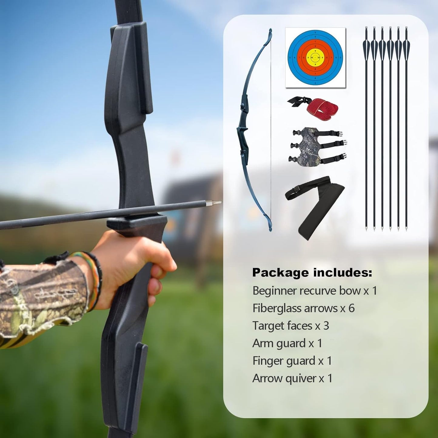 Tongtu Recurve Bow - Takedown Bow Set for Right & Left-Handed Beginners | 30lb & 40lb Options with 6 Arrows