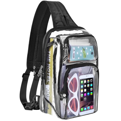 Busiuw Clear Backpack Stadium Approved with Adjustable Reinforced Straps, 3 in 1 Clear Crossbody Bag for Festivals and Games (Plus size)-Black