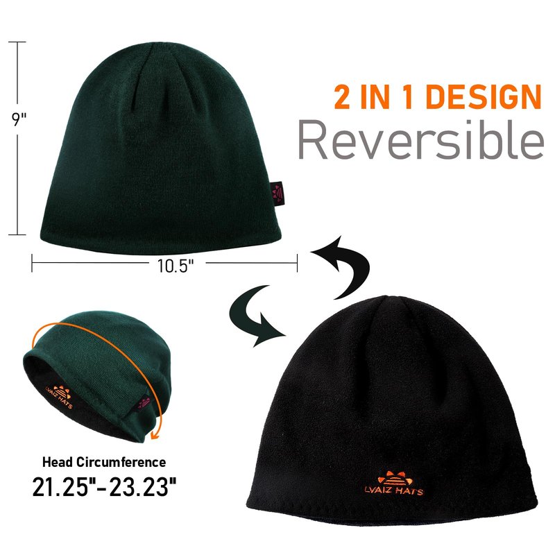 Lvaiz Winter Fleece Lined Knitted Beanie Hats for Men Reversible Windproof Watch Hat Warm Skull Cap for Women(Dark Green+Black)