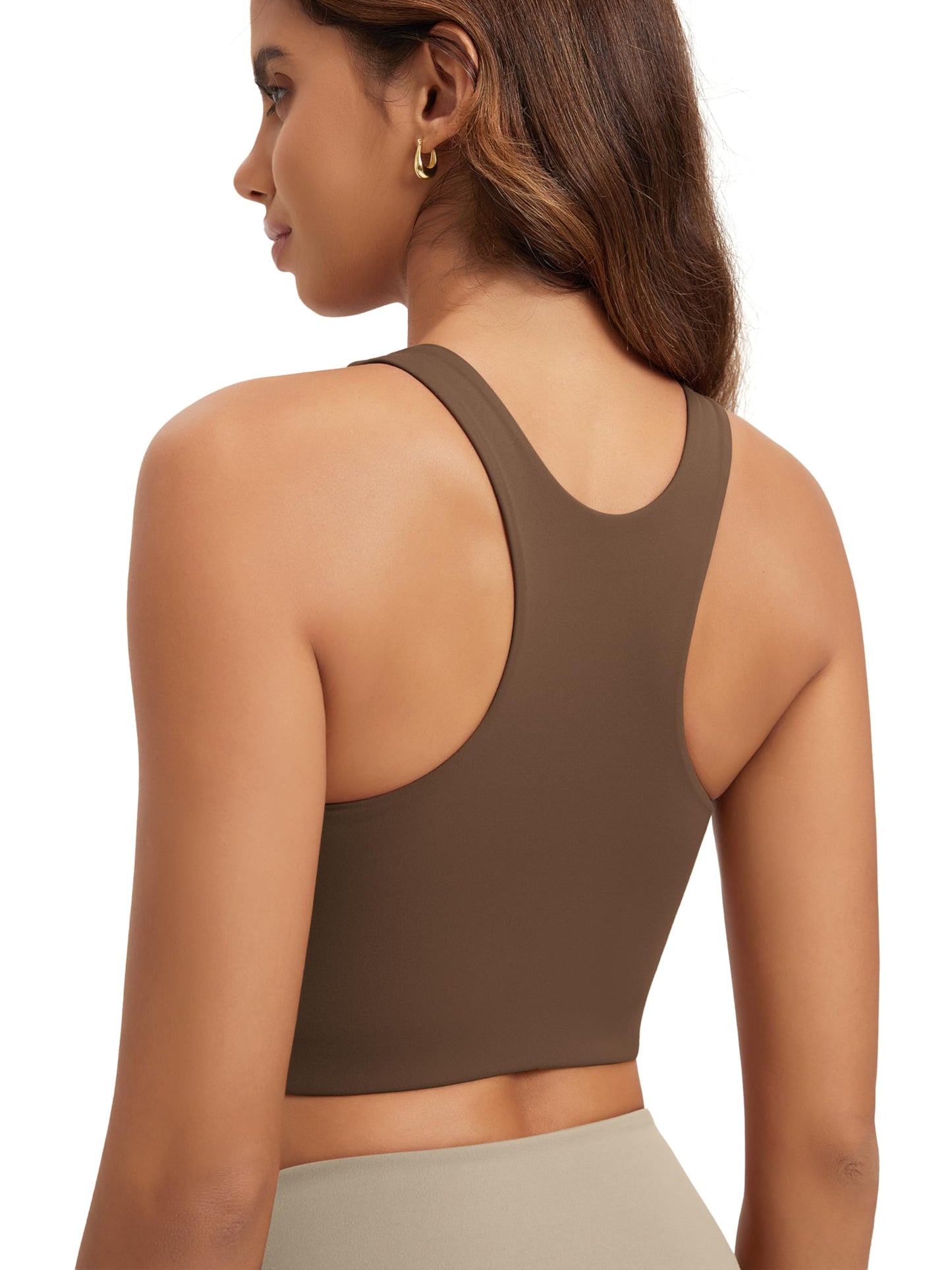 ODODOS Racerback Tank Bra for Women High Neck Non Padded Medium Support Sports Bra Workout Yoga Crop Tops, Brunette, Medium