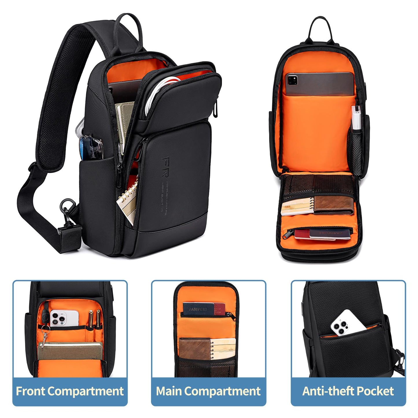 FENRUIEN Crossbody Sling Bag for Men, Water Resistant One Shoulder Backpack, Black Side Bag for Travel