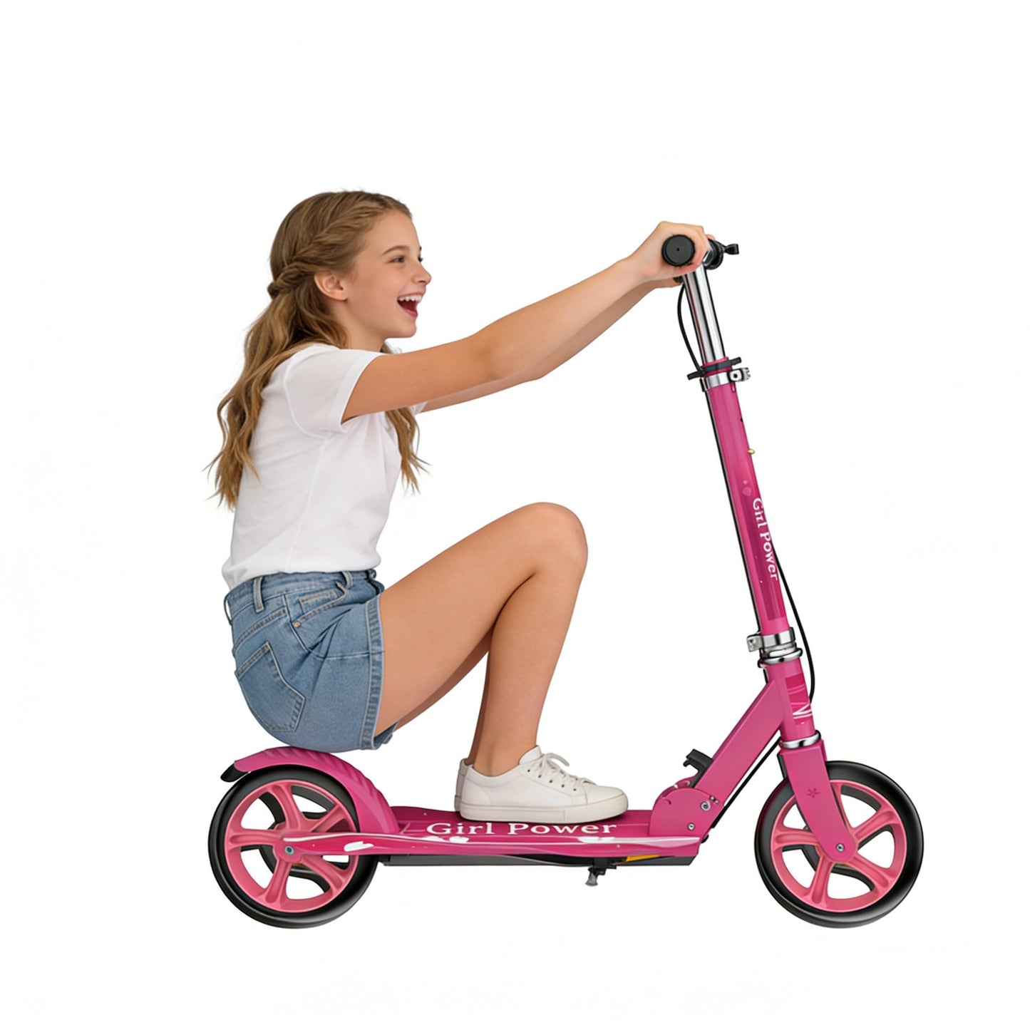Kick Scooter for Adults Teens Kid Foldable Lightweight Sport Scooters with Hand Brake Adjustable Height Folding, Large Wheels Durable Load 300 LBS Pink